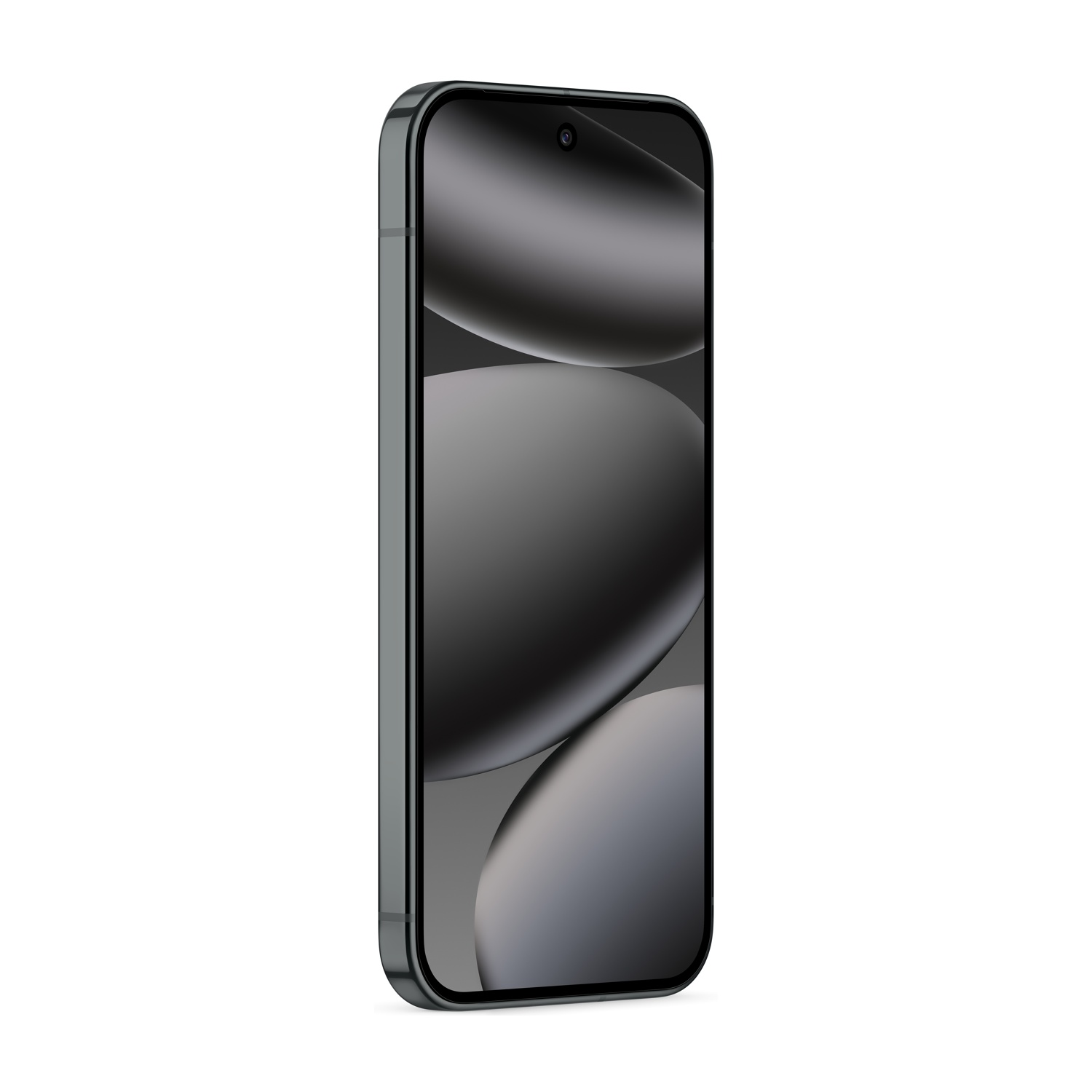 Un moderno smartphone verde scuro, che mostra una grafica sfocata e astratta sullo schermo, su sfondo bianco.