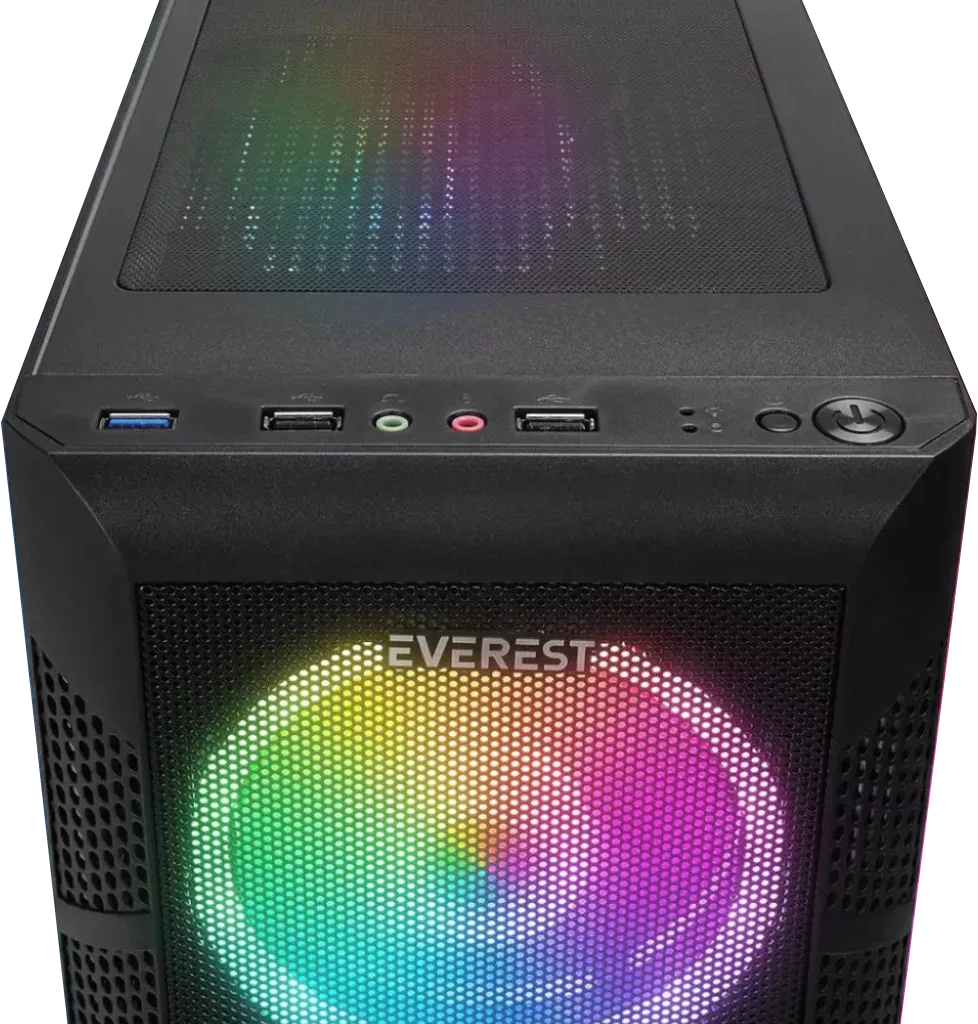 Fekete számítógépház Everest logóval és színes LED-lámpákkal. Portok és bekapcsológomb felül. Hálós előlap.