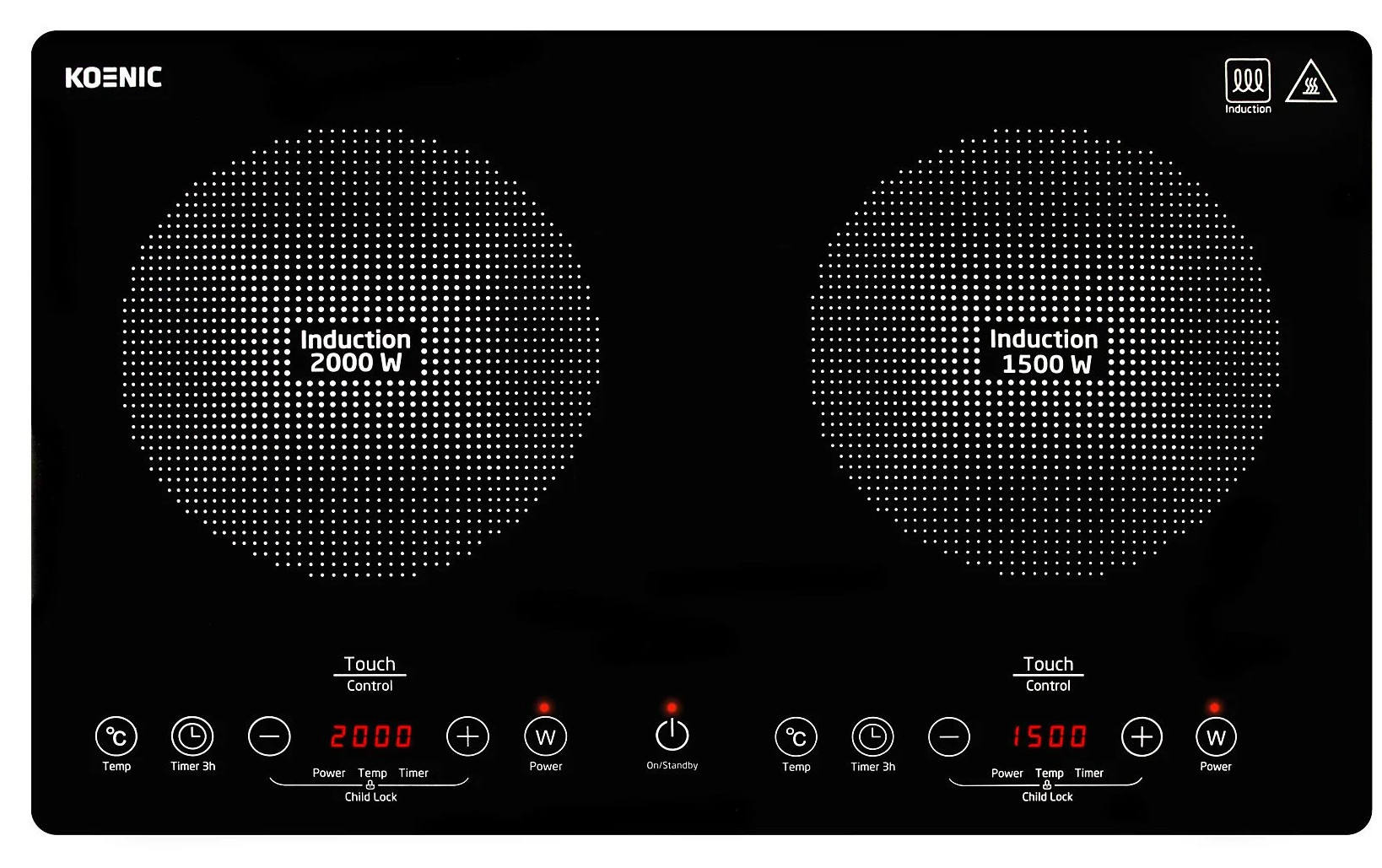 Czarna płyta indukcyjna z dwoma palnikami. Każdy palnik ma okrągły wzór z białych kropek. Sterowanie obejmuje temperaturę, timer i moc.