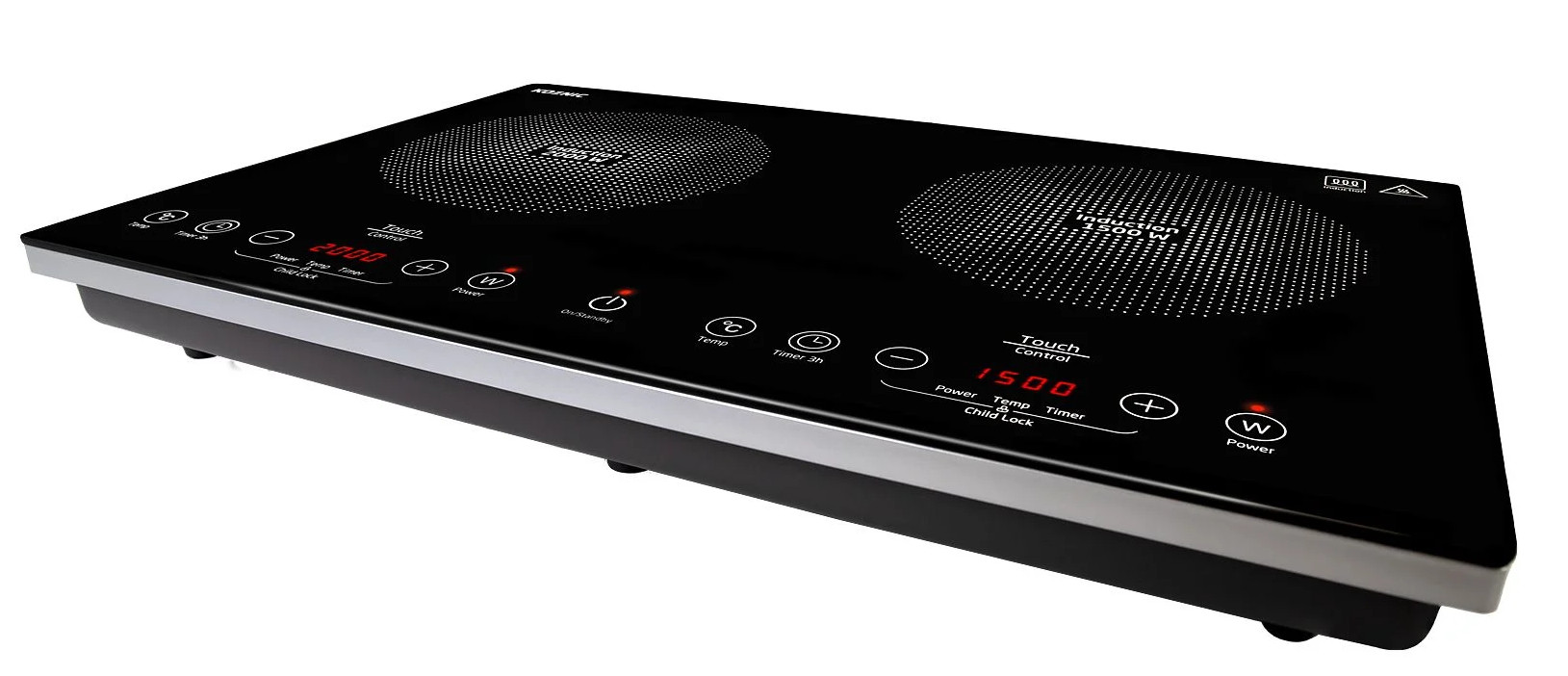 Czarna płyta indukcyjna z dwoma palnikami. Posiada sterowanie dotykowe, ustawienia mocy i cyfrowy wyświetlacz temperatury.