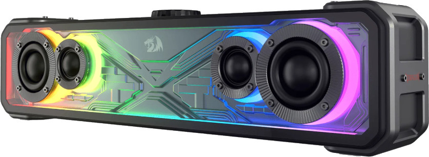 Soundbar Redragon z wieloma głośnikami. Ma czarną ramę z podświetleniem RGB i srebrny design na środku.