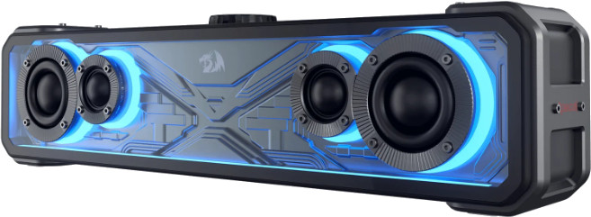 Czarny i szary głośnik z niebieskimi światłami LED. Ma cztery głośniki i dekoracyjny panel przedni. Widoczne jest logo Redragon.
