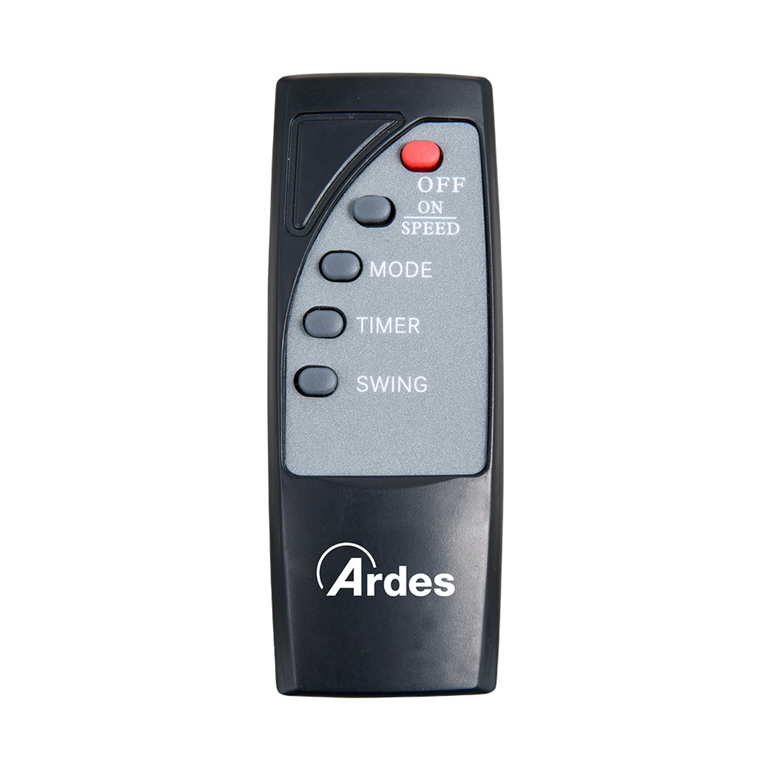 Telecomando nero con pulsanti per on/off, velocità, modalità, timer e oscillazione. Visibile il marchio "Ardes".