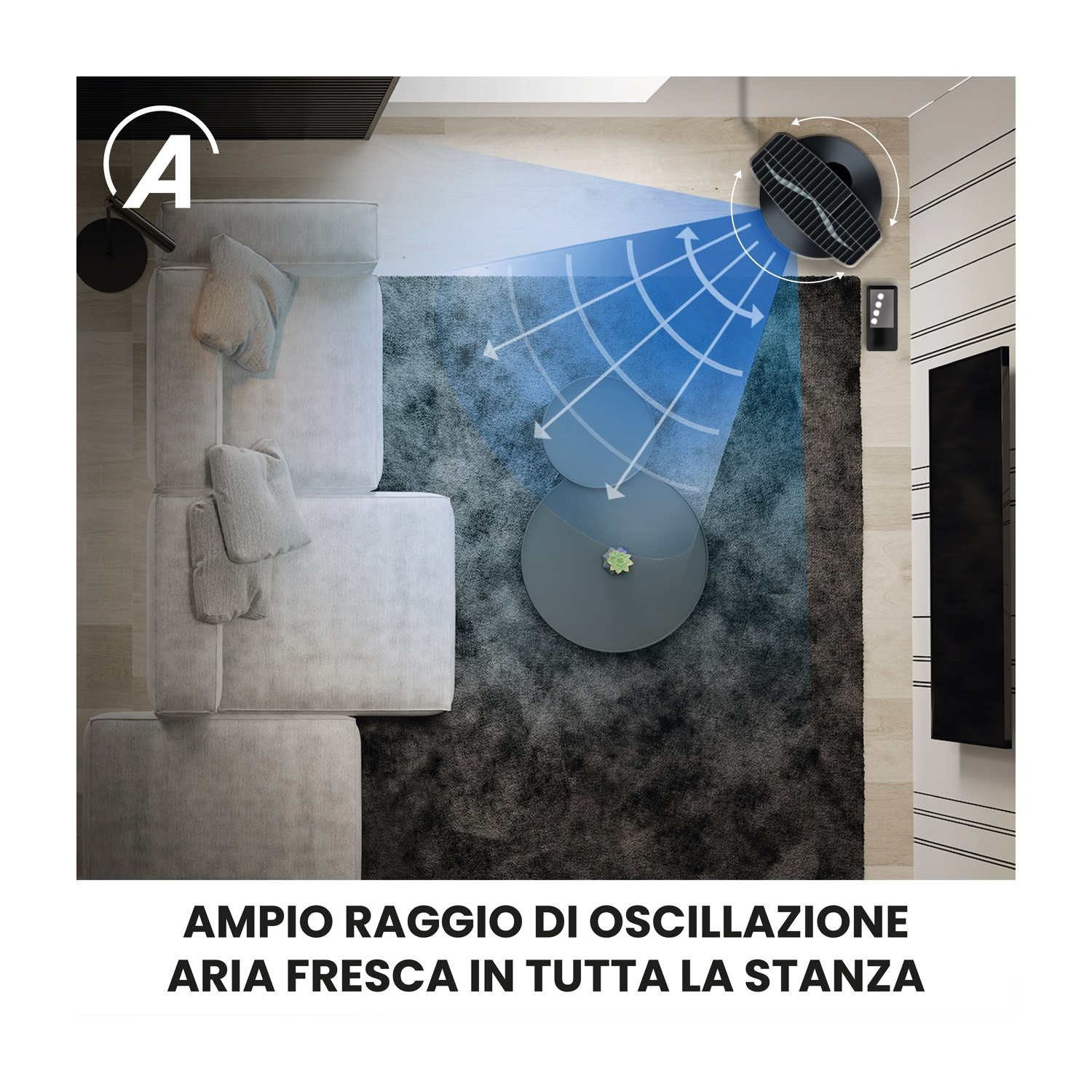 Vista dall'alto di un soggiorno con un ventilatore. Un divano, un tappeto e un tavolo sono nella stanza. Le frecce illustrano l'oscillazione del ventilatore.