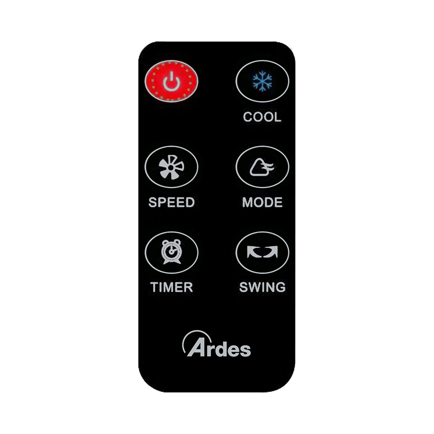 Telecomando nero con icone bianche. Pulsanti accensione, raffreddamento, velocità, modalità, timer e oscillazione. Marchio Ardes.