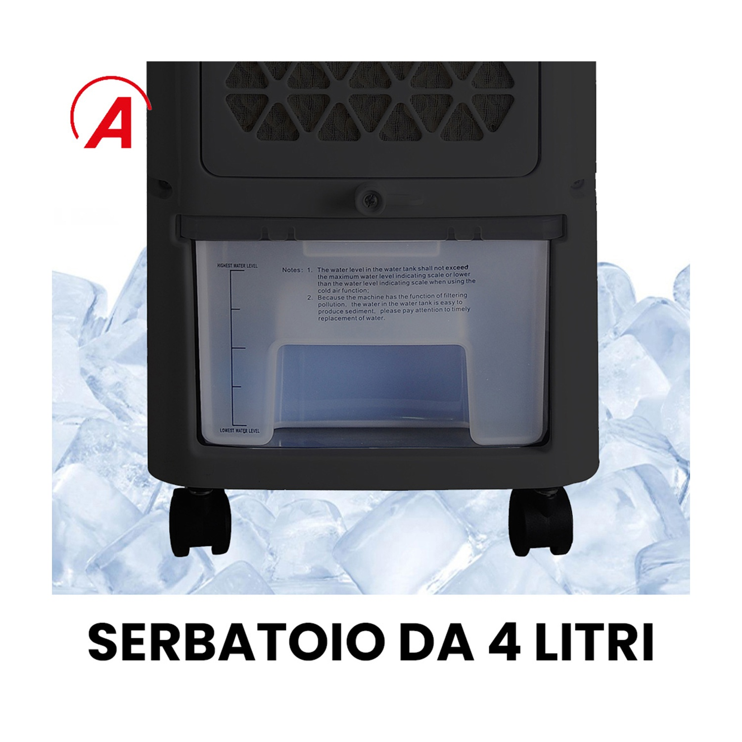 Un refrigeratore d'aria nero con serbatoio dell'acqua e ruote. Mostra i livelli dell'acqua. Testo: SERBATOIO DA 4 LITRI.
