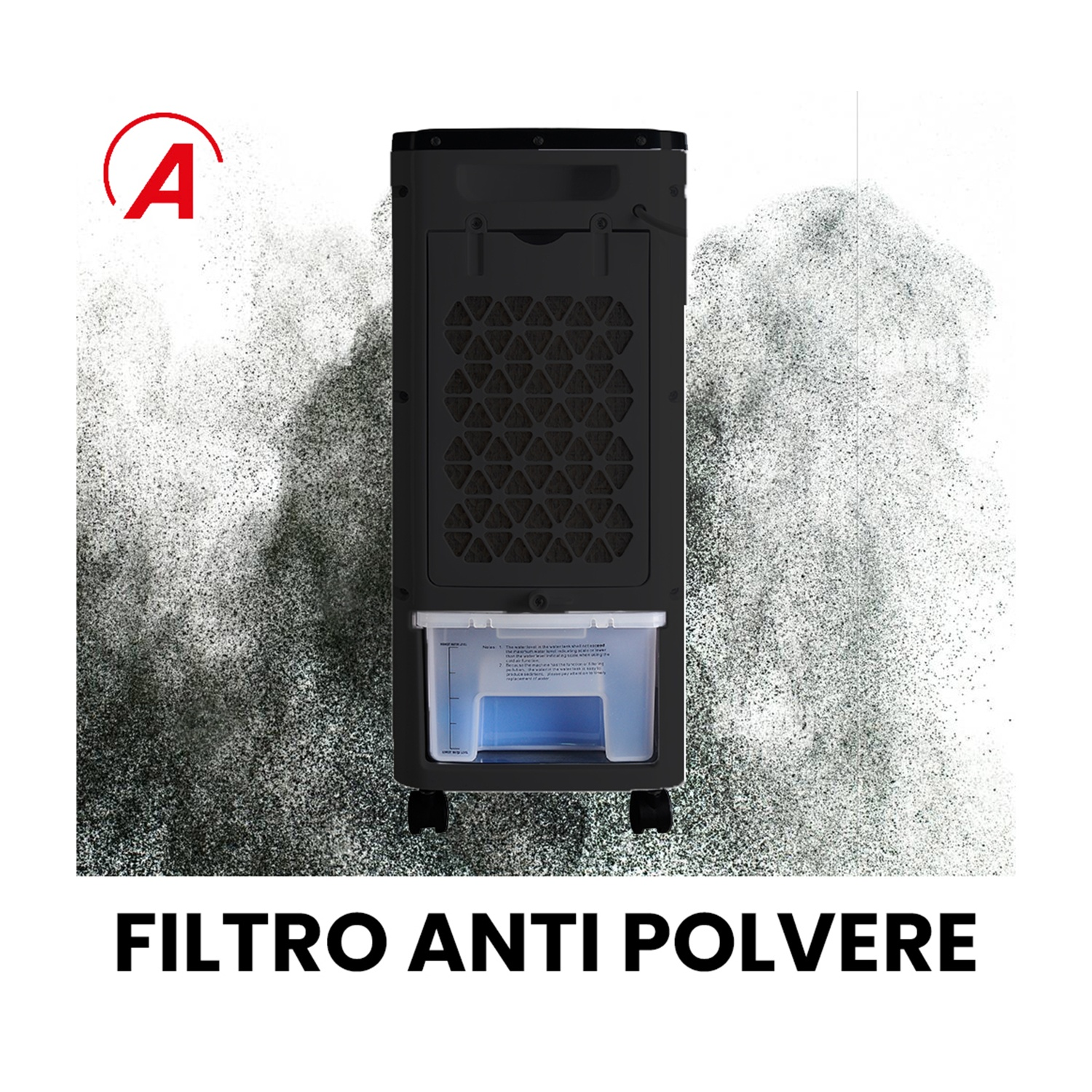 Un condizionatore d'aria nero con filtro antipolvere su sfondo bianco. Testo 'FILTRO ANTI POLVERE' in basso.