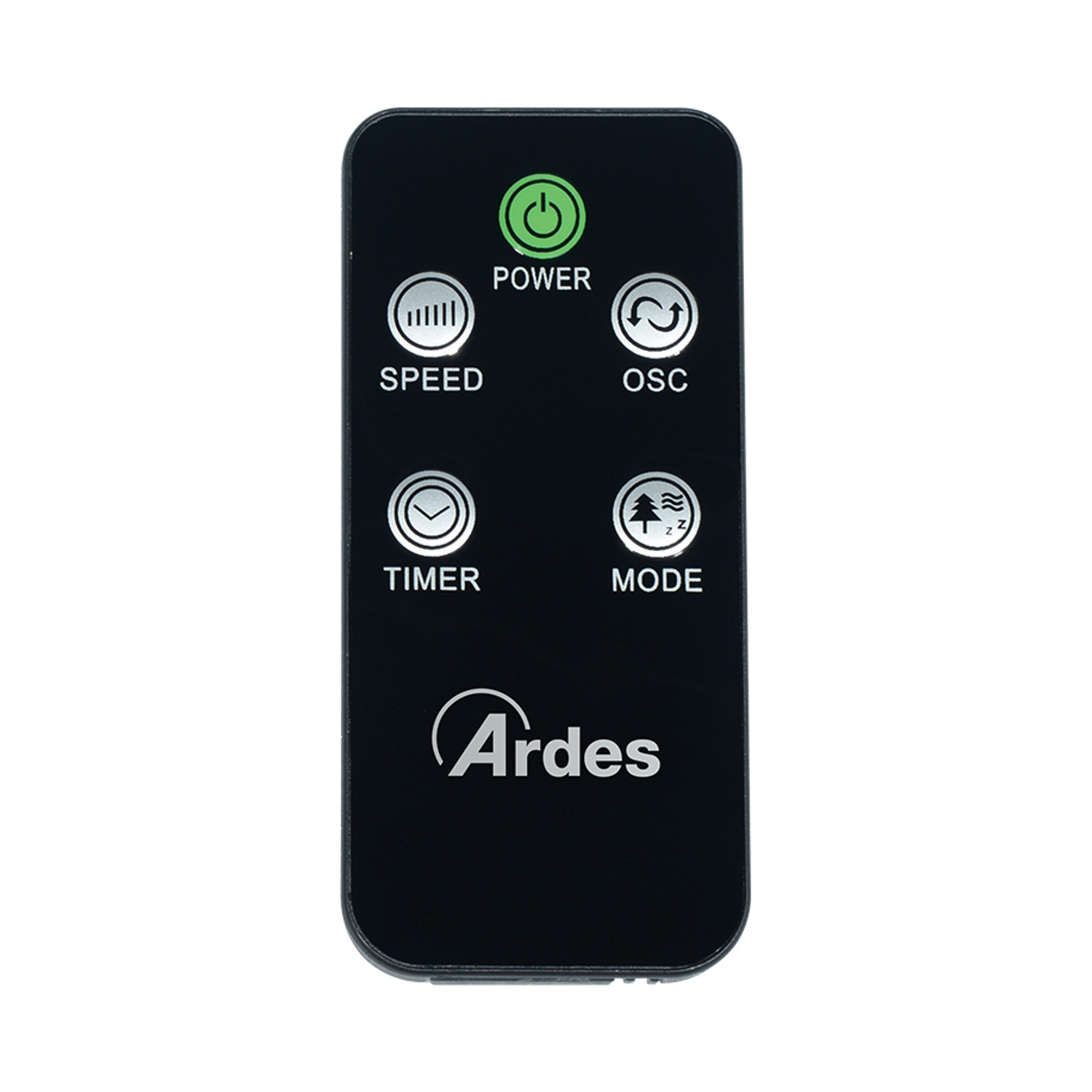 Telecomando nero con pulsanti per accensione, velocità, oscillazione, timer e modalità. Marchio 'Ardes' in basso.