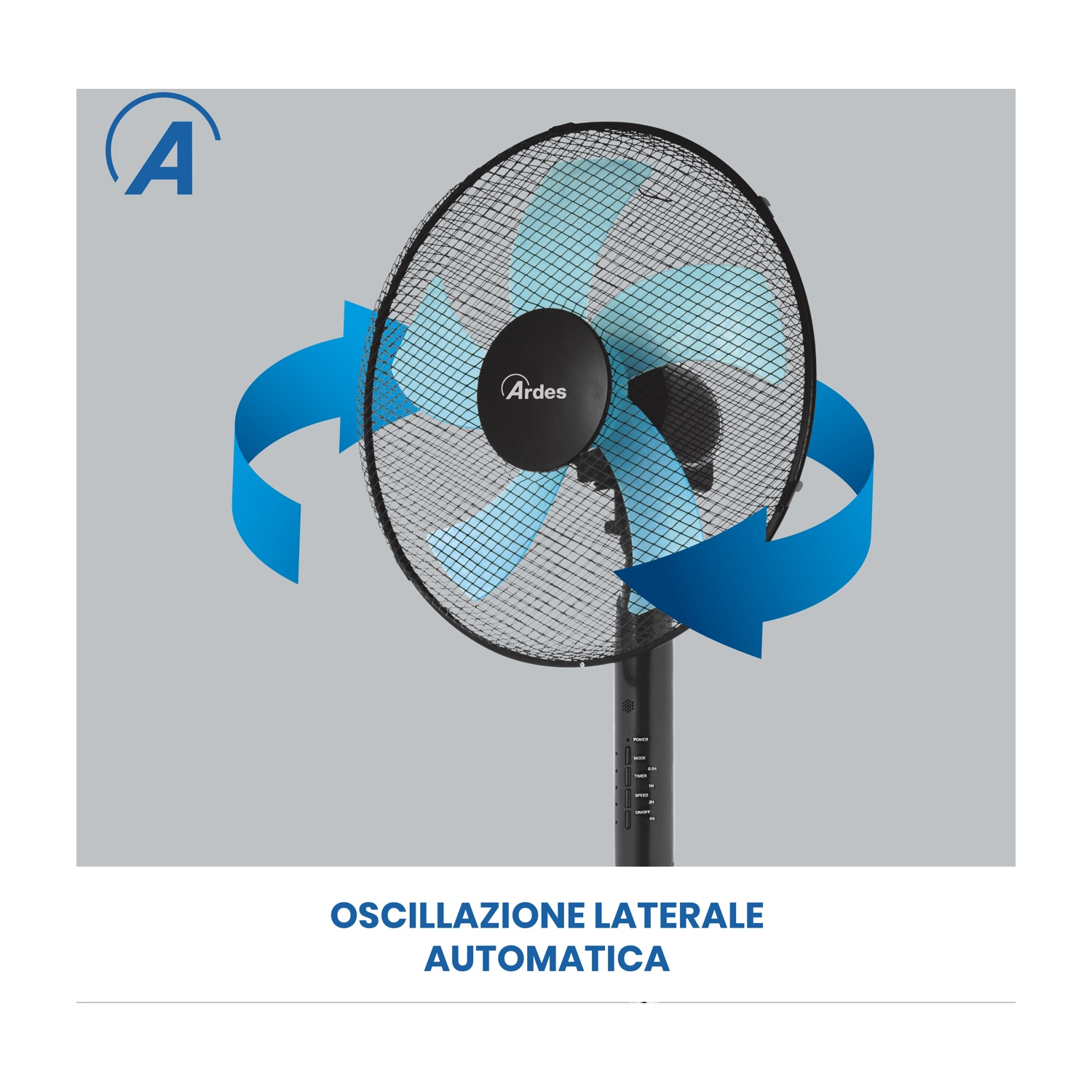 Un ventilatore Ardes nero con pale blu, circondato da una rete nera. Frecce blu indicano l'oscillazione.