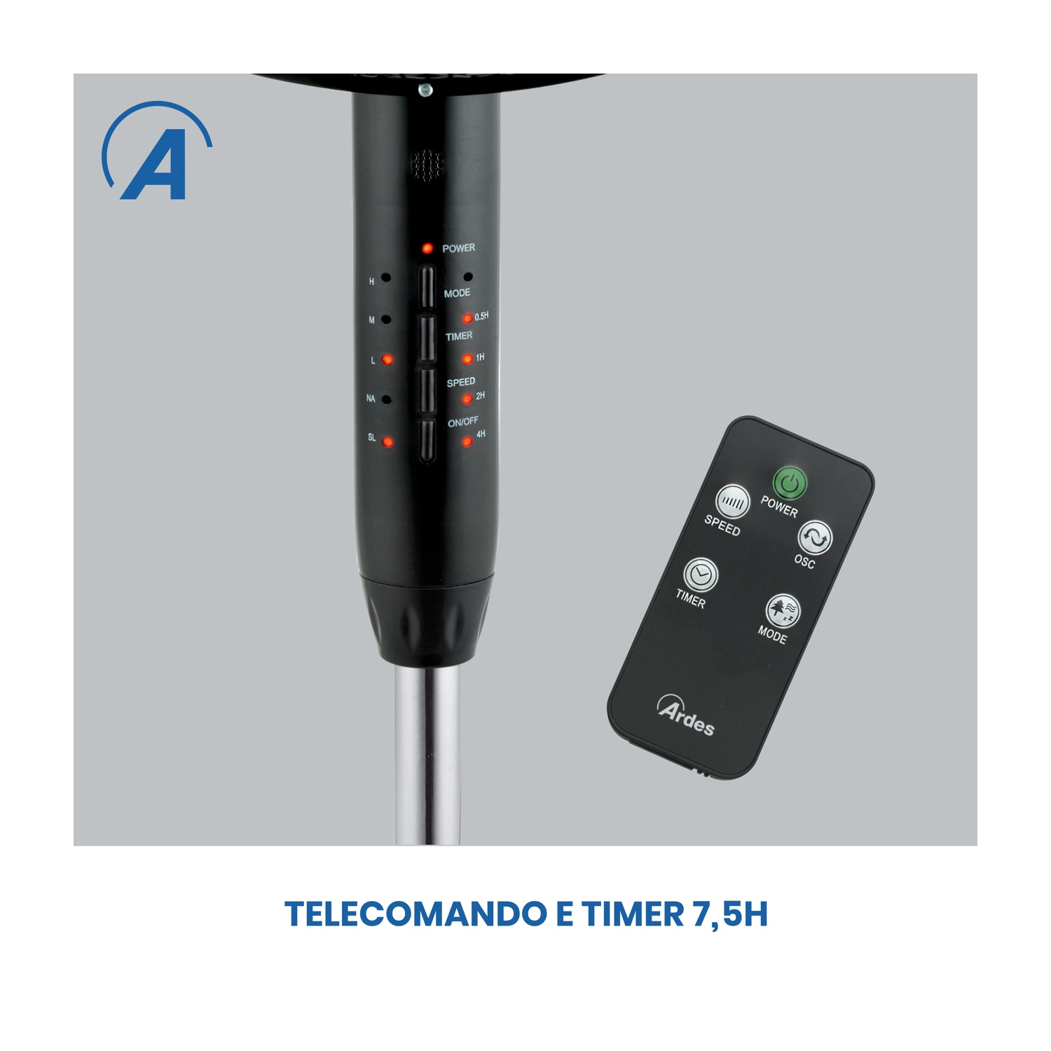 Un ventilatore nero con telecomando. Il ventilatore ha un pannello di controllo con pulsanti di accensione, modalità, timer, velocità.
