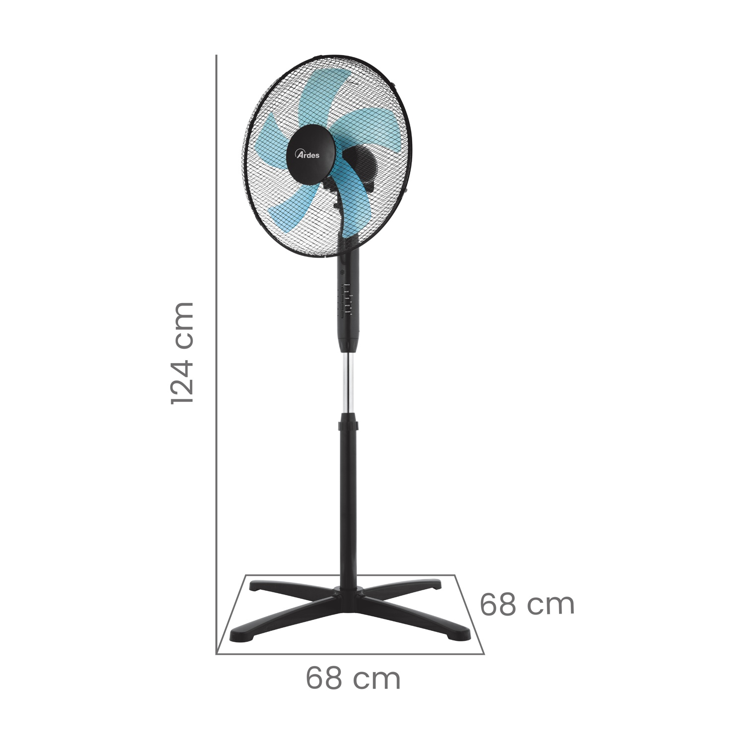 Un ventilatore da terra nero e blu. Ha una base e un supporto neri, con pale blu all'interno di una gabbia nera. Le dimensioni sono indicate.