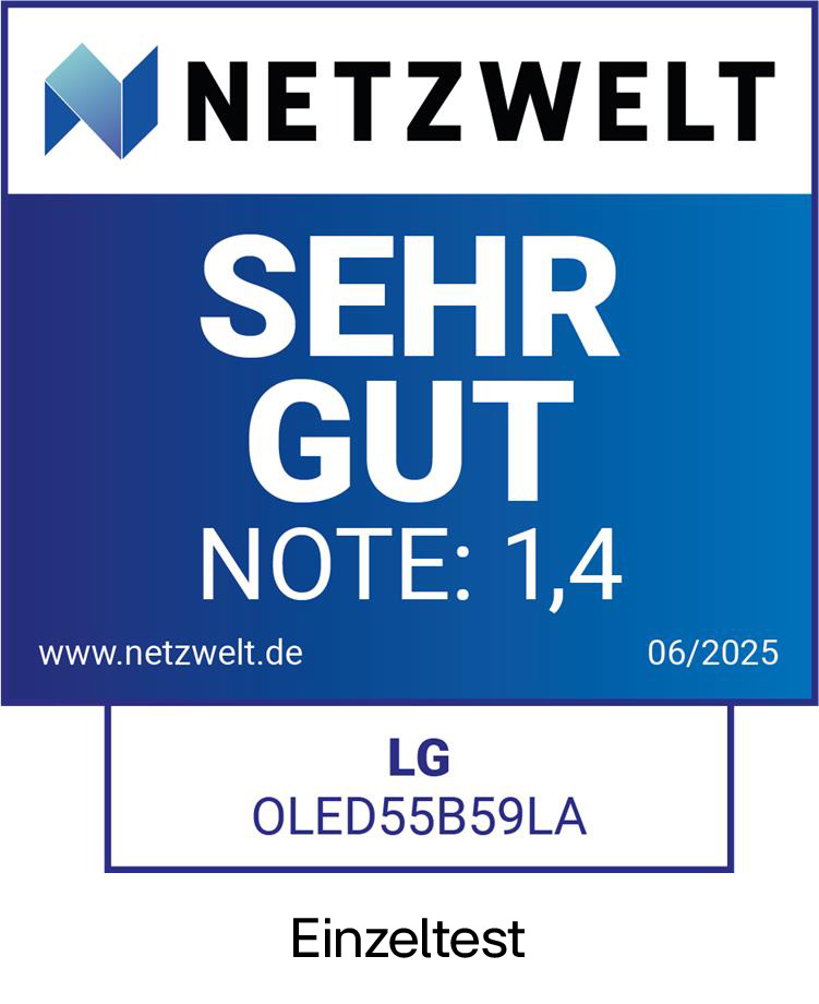 NetzWelt-Logo mit Bewertung 'SEHR GUT' und Note 1,4. Details zum LG OLED55B59LA-Fernseher, unten Einzeltest.