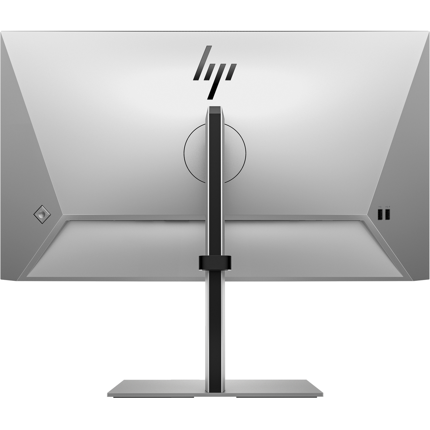 Rear view of a silver HP monitor, with black stand. The HP logo is at the top, two black ports are on the right.