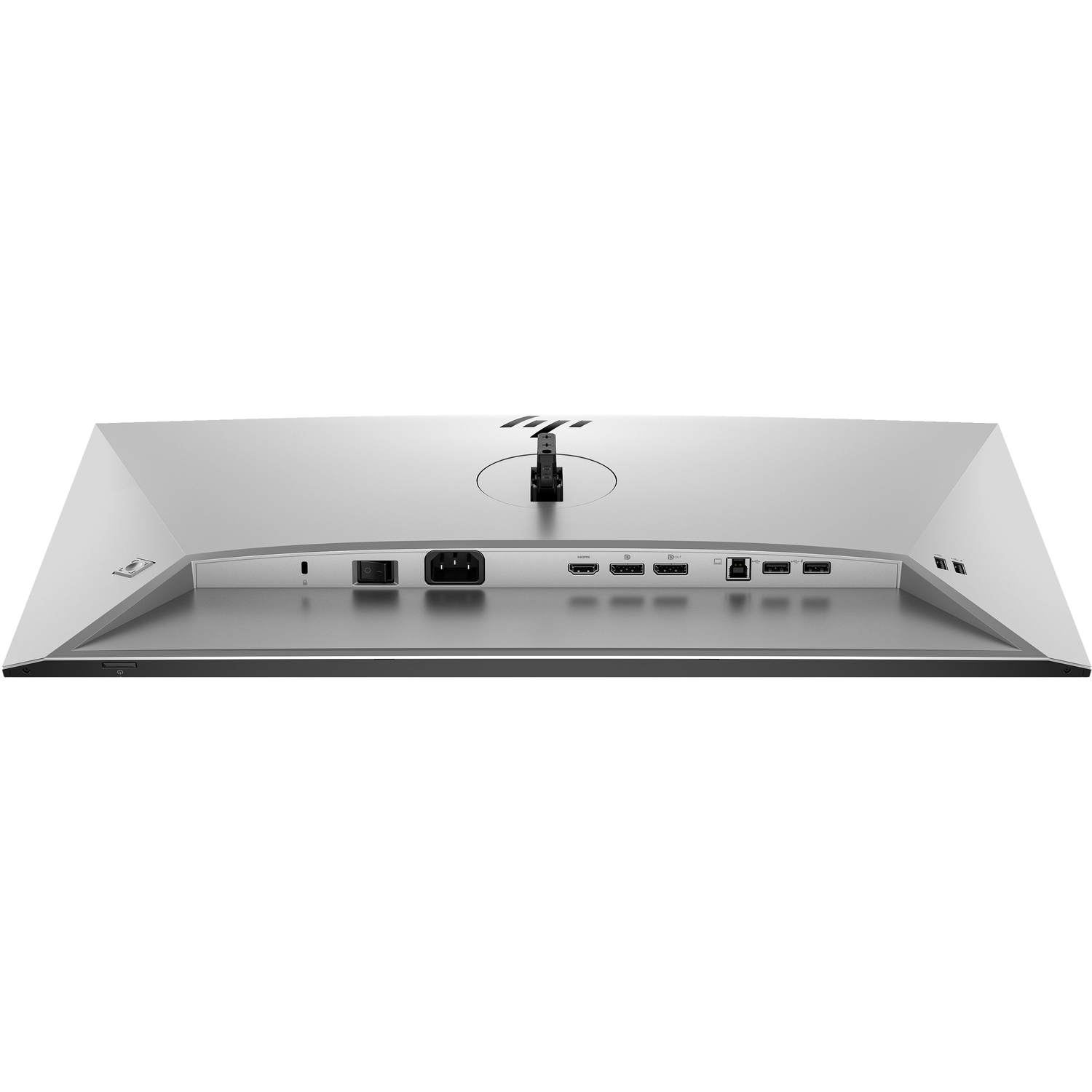 The back of a silver HP monitor. Various ports are visible, including HDMI, USB, and power input. A stand attachment is in the center.