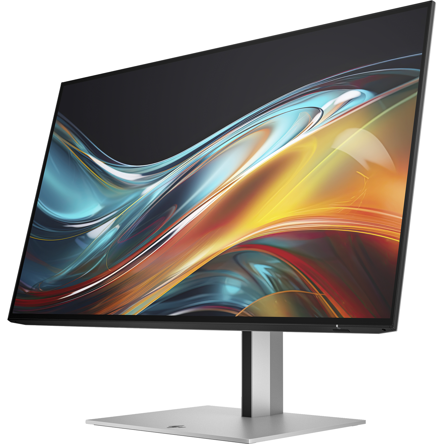 A computer monitor displaying a colorful abstract image, supported by a silver stand. The screen has a black frame and a silver base.