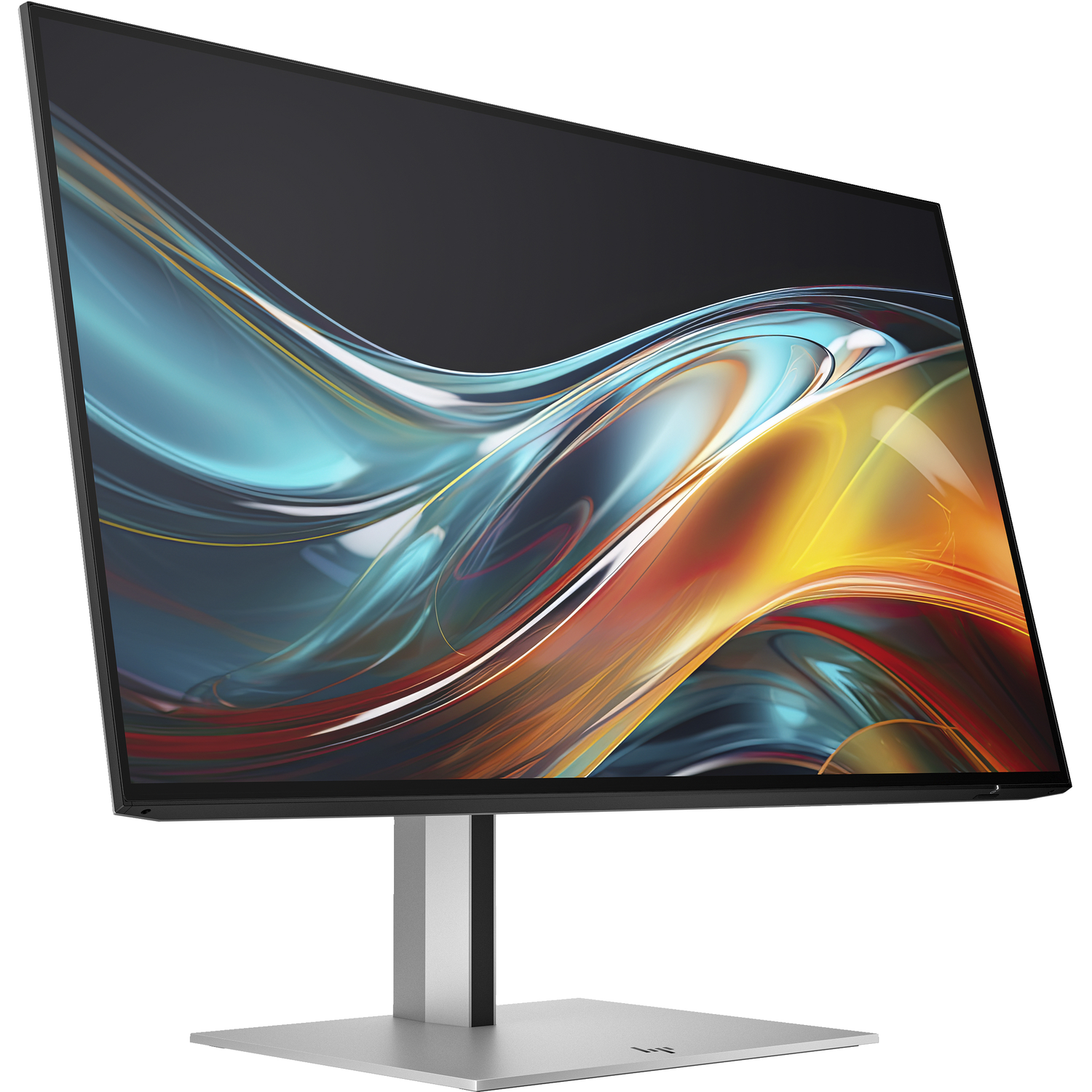 A tilted monitor with a vibrant abstract display of blue, yellow, and orange, is on a silver stand against a white background.