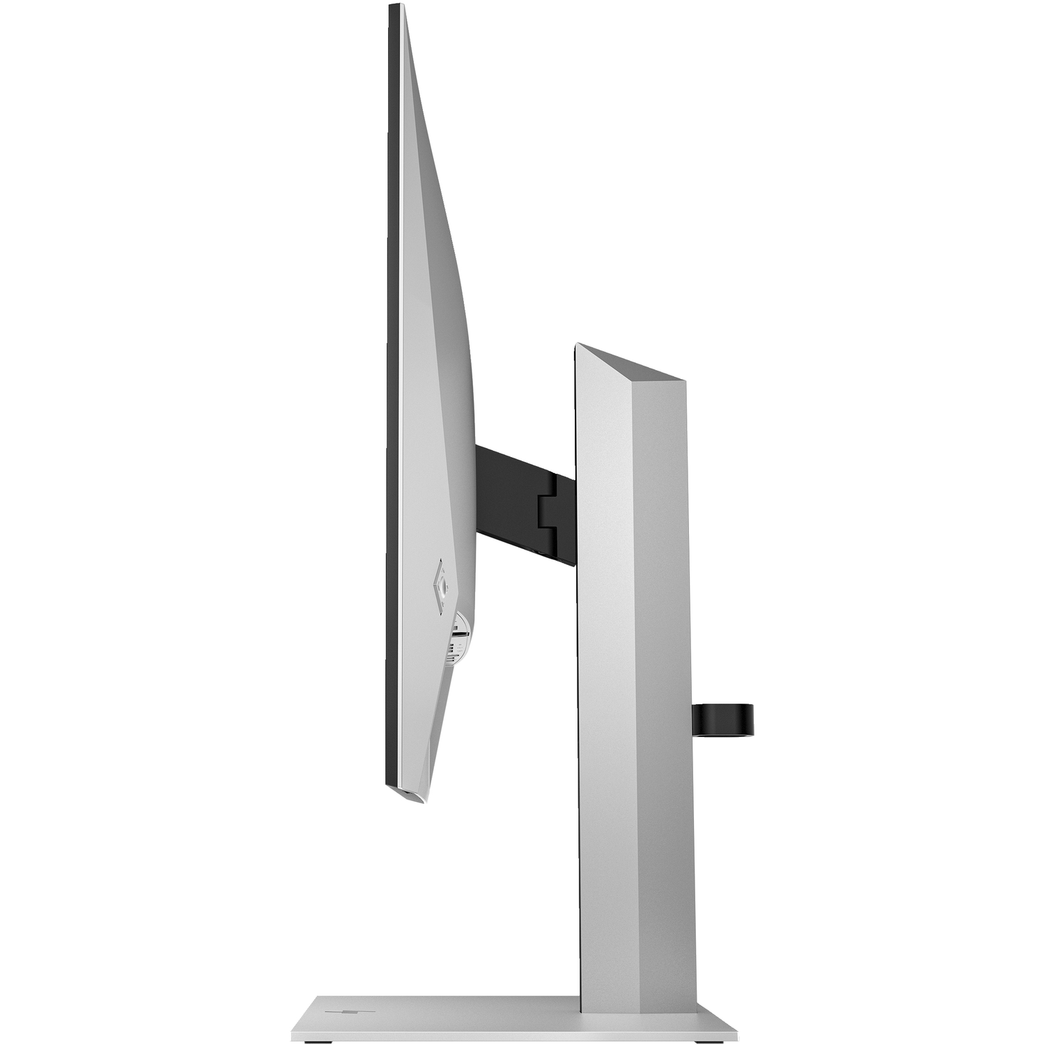 Side view of a silver computer monitor. It is on a silver stand with a black hinge. The background is white.