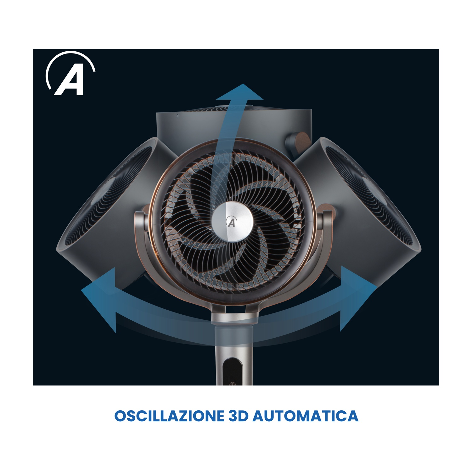 Un ventilatore con oscillazione automatica 3D. Il ventilatore ha una combinazione di colori nero e bronzo, con sfondo blu scuro.