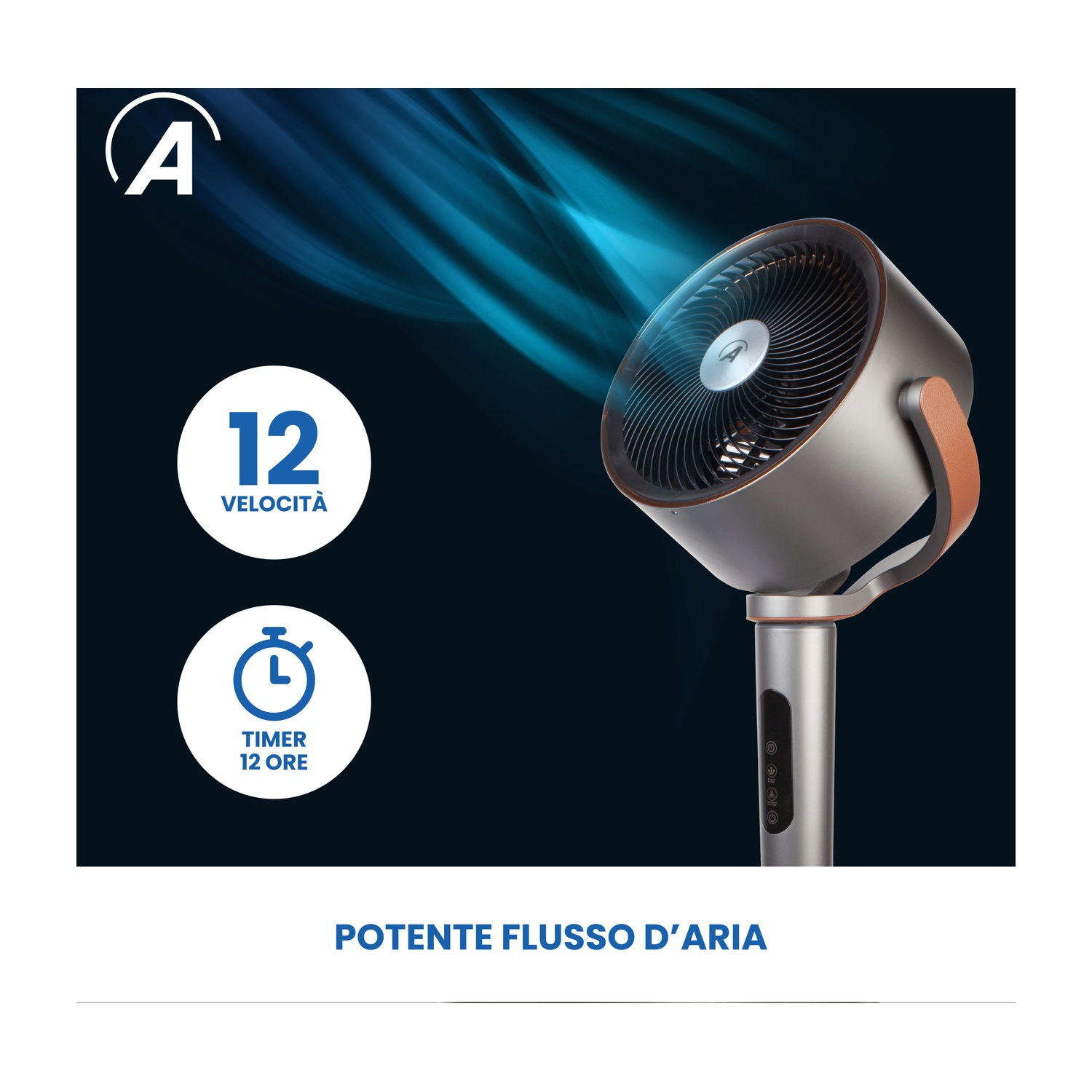 Ventilatore moderno, accenti argento e rame, con indicatori di velocità e timer. Effetto flusso d'aria blu. Testo: Flusso d'aria potente.