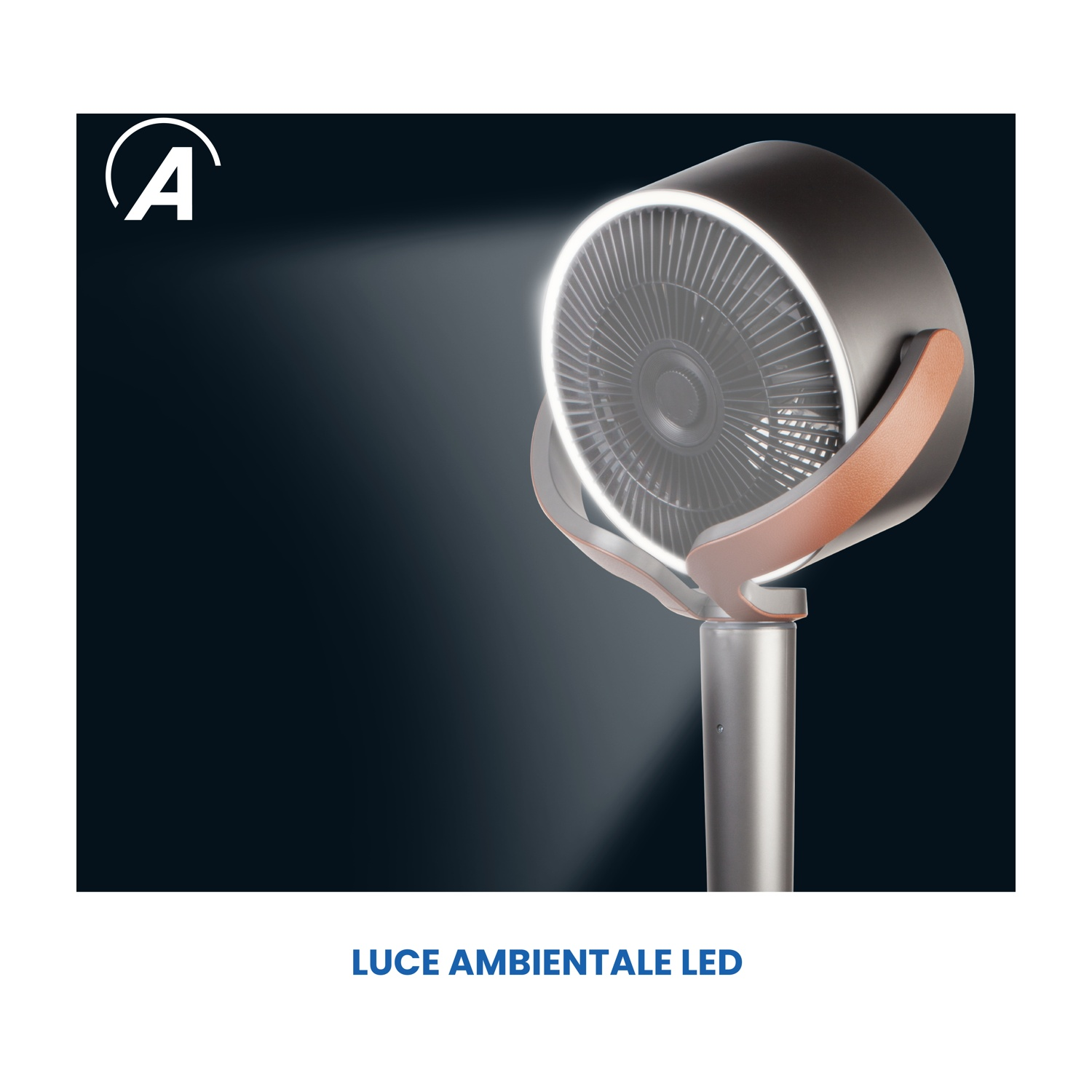 Ventilatore moderno con luce ambiente LED, argento e marrone. Sfondo scuro con logo del marchio.