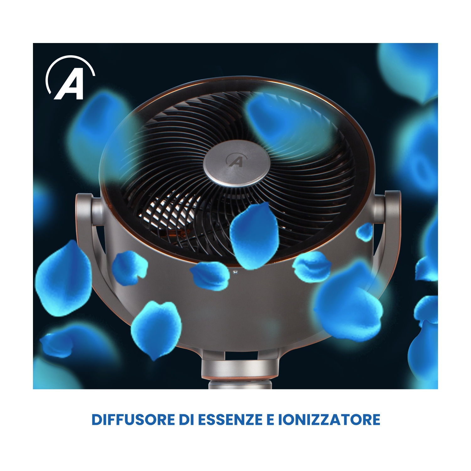 Un ventilatore con petali blu. Il ventilatore ha una griglia scura e un corpo argentato. Il testo in basso dice 'Diffusore di essenze e ionizzatore'.