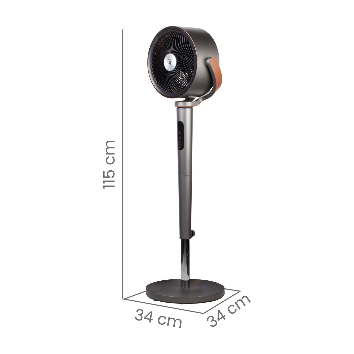 Un ventilatore grigio e marrone con testa circolare è su un supporto, le dimensioni sono indicate. Il ventilatore è alto 115 cm e largo 34 cm.