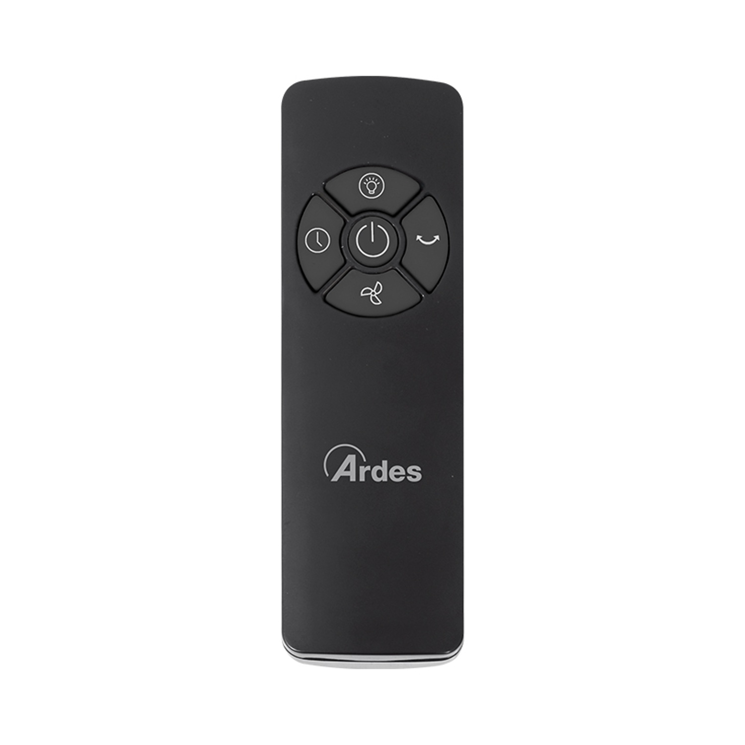 Un telecomando Ardes nero. Ha simboli di accensione, luce, timer, ventola e freccia curva.