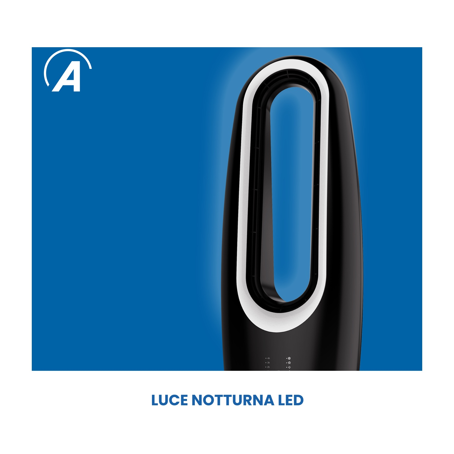 Un ventilatore a torre in bianco e nero su sfondo blu. Il ventilatore ha un'apertura ovale. Il testo "LUCE NOTTURNA LED" è sotto.