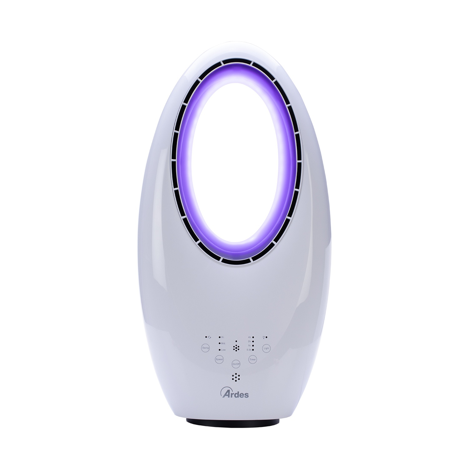 Ventilatore bianco e ovale con anello viola luminoso. Ha pulsanti di controllo e il marchio 'Ardes'.