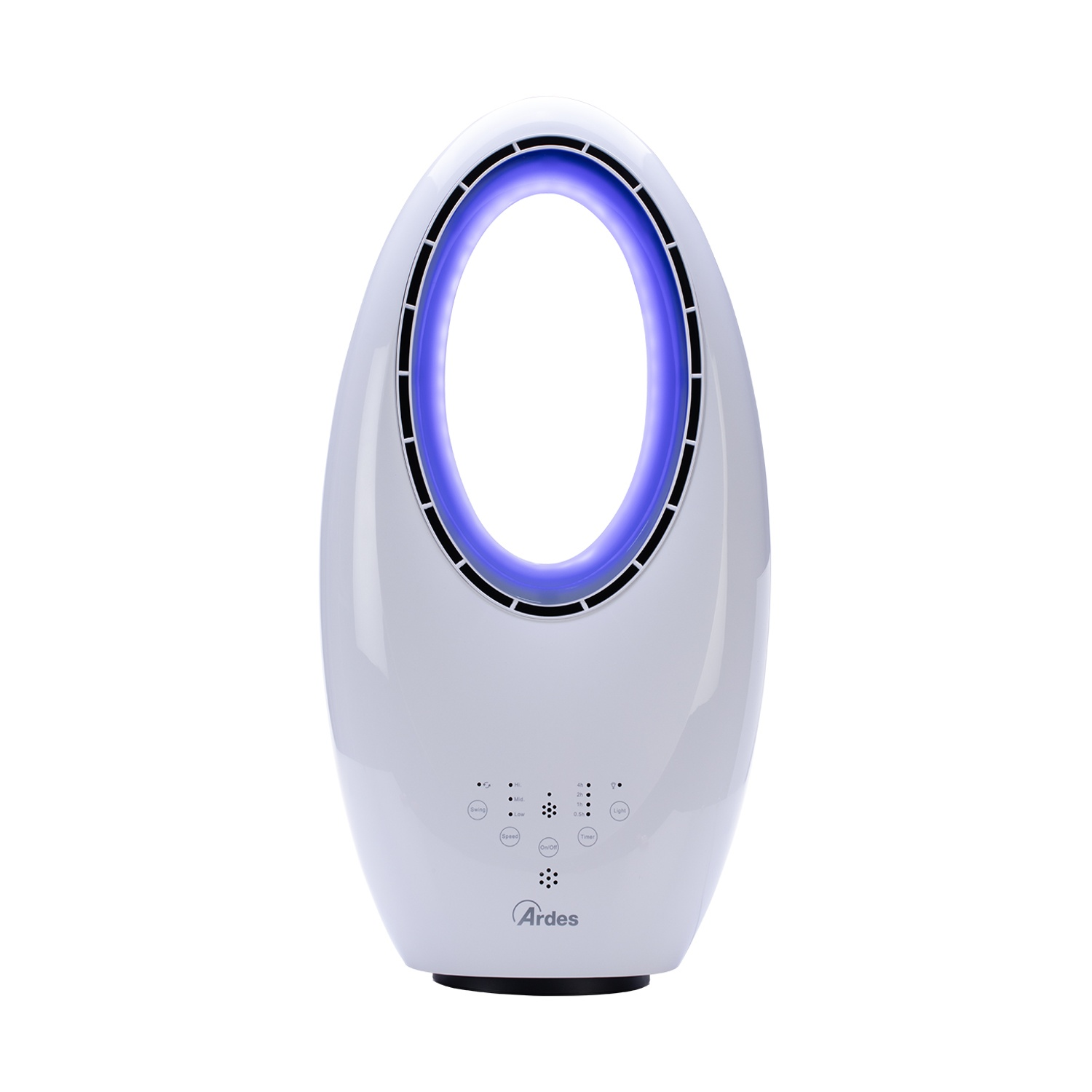 Un ventilatore ovale bianco con luce blu all'interno. Ha pulsanti di controllo e il marchio 'Ardes' davanti.