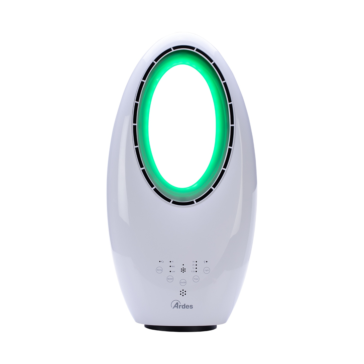 Un ventilatore bianco, a forma ovale, con un anello verde brillante. Ha pulsanti di controllo e il marchio Ardes.