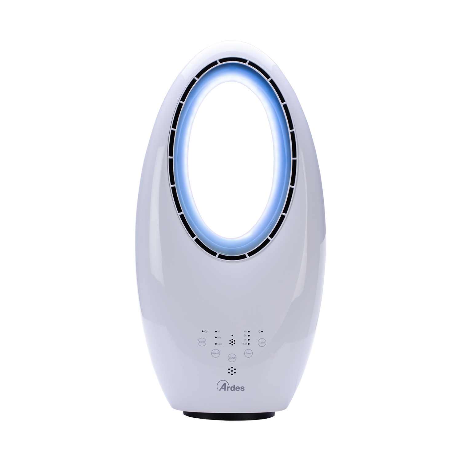 Un ventilatore bianco senza pale con un ovale illuminato di blu. Ha pulsanti di controllo e il logo Ardes.
