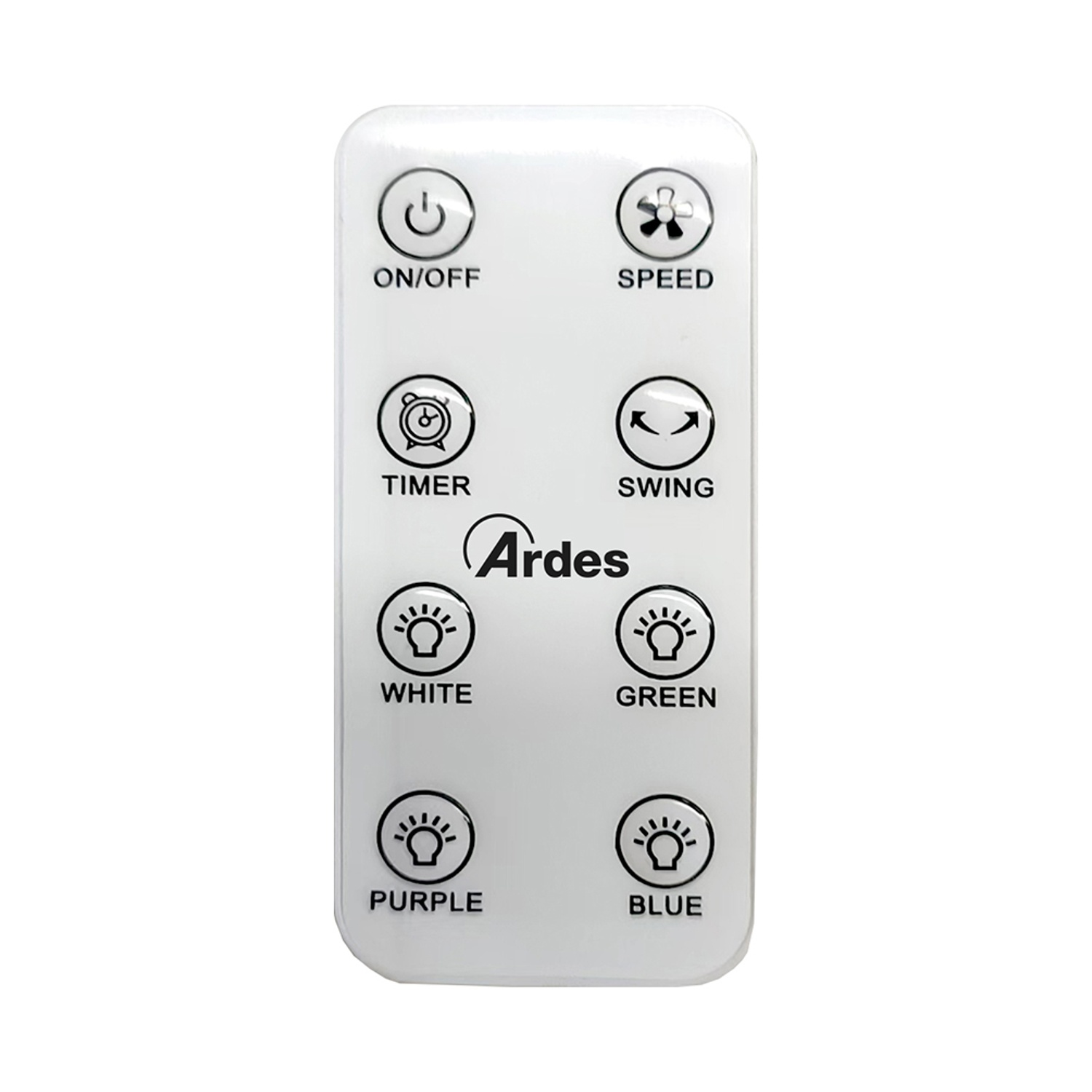 Telecomando bianco con pulsanti per accensione/spegnimento, velocità, timer, swing, luci bianche, verdi, viola e blu. Marchio Ardes.