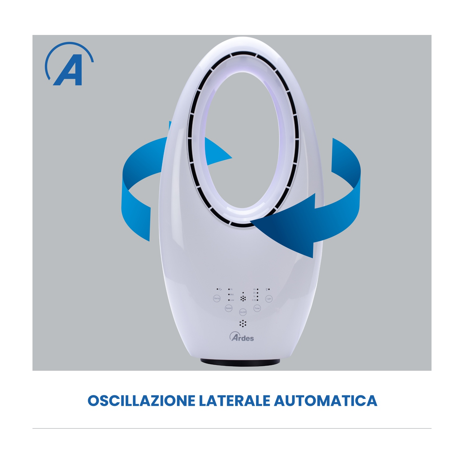 Ventilatore bianco con foro ovale. Frecce blu indicano l'oscillazione. Il marchio è Ardes.