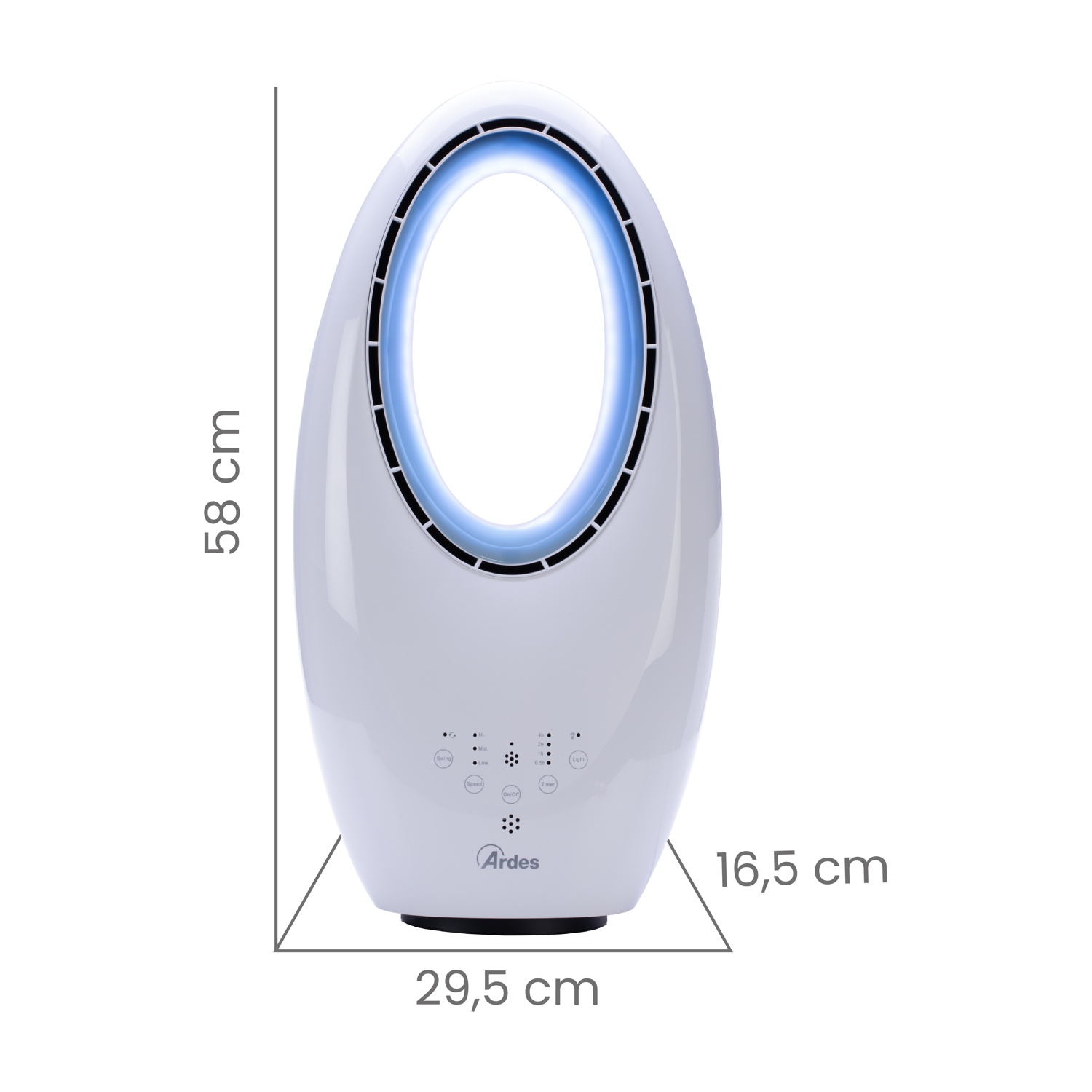 Ventilatore ovale bianco con luce blu. Dimensioni: 58 cm altezza, 29,5 cm larghezza, 16,5 cm profondità. Logo Ardes.