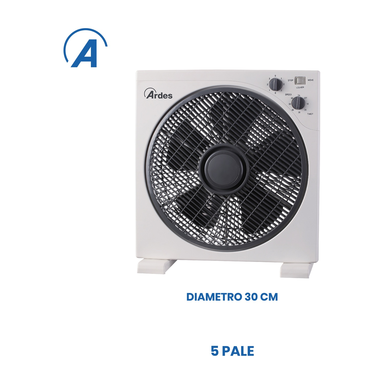Ventilatore quadrato bianco con pale nere, comandi e logo Ardes. Testo: Diametro 30 cm, 5 pale.