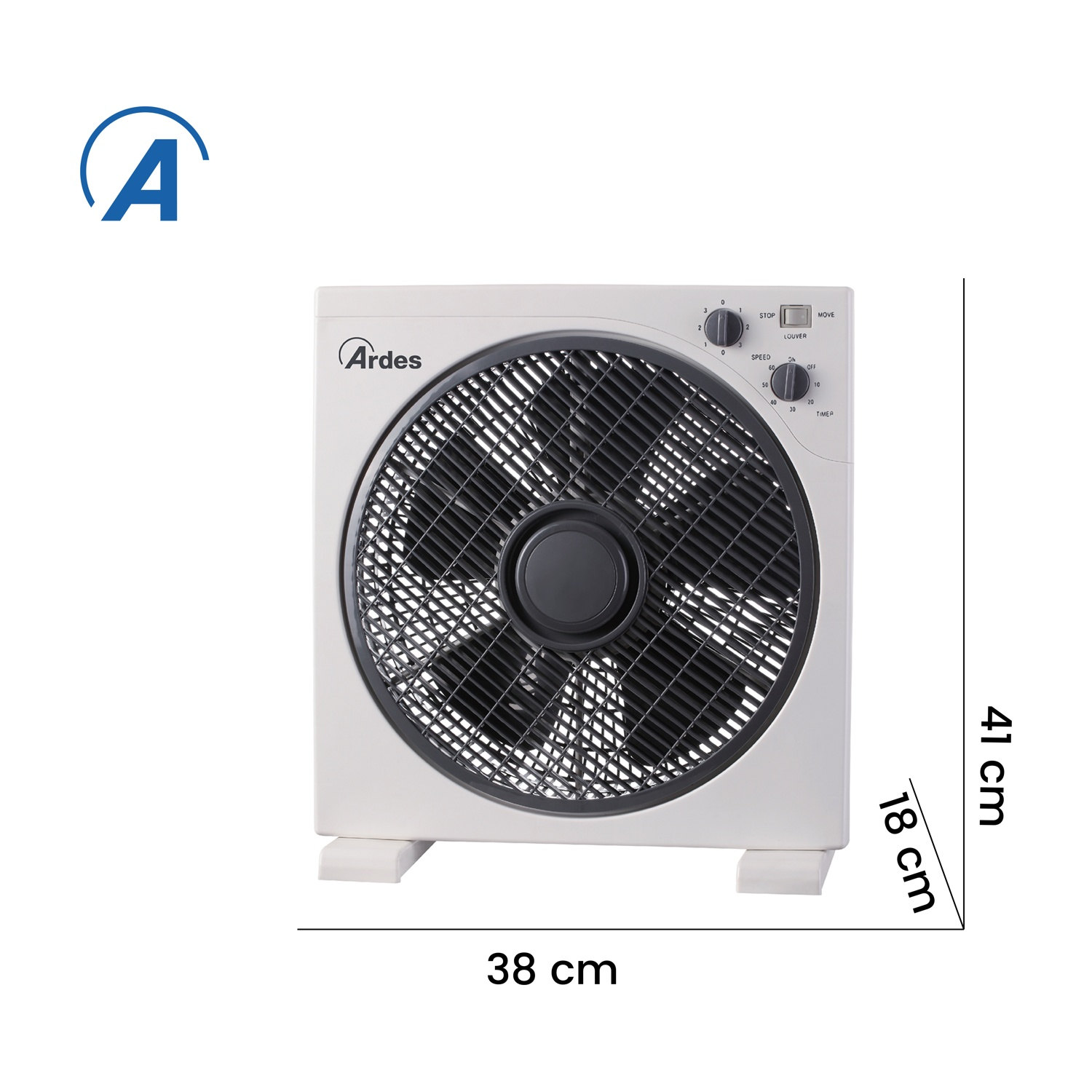 Un ventilatore a scatola Ardes bianco. Ha una griglia nera, manopole di controllo e dimensioni: 38 cm x 41 cm x 18 cm.