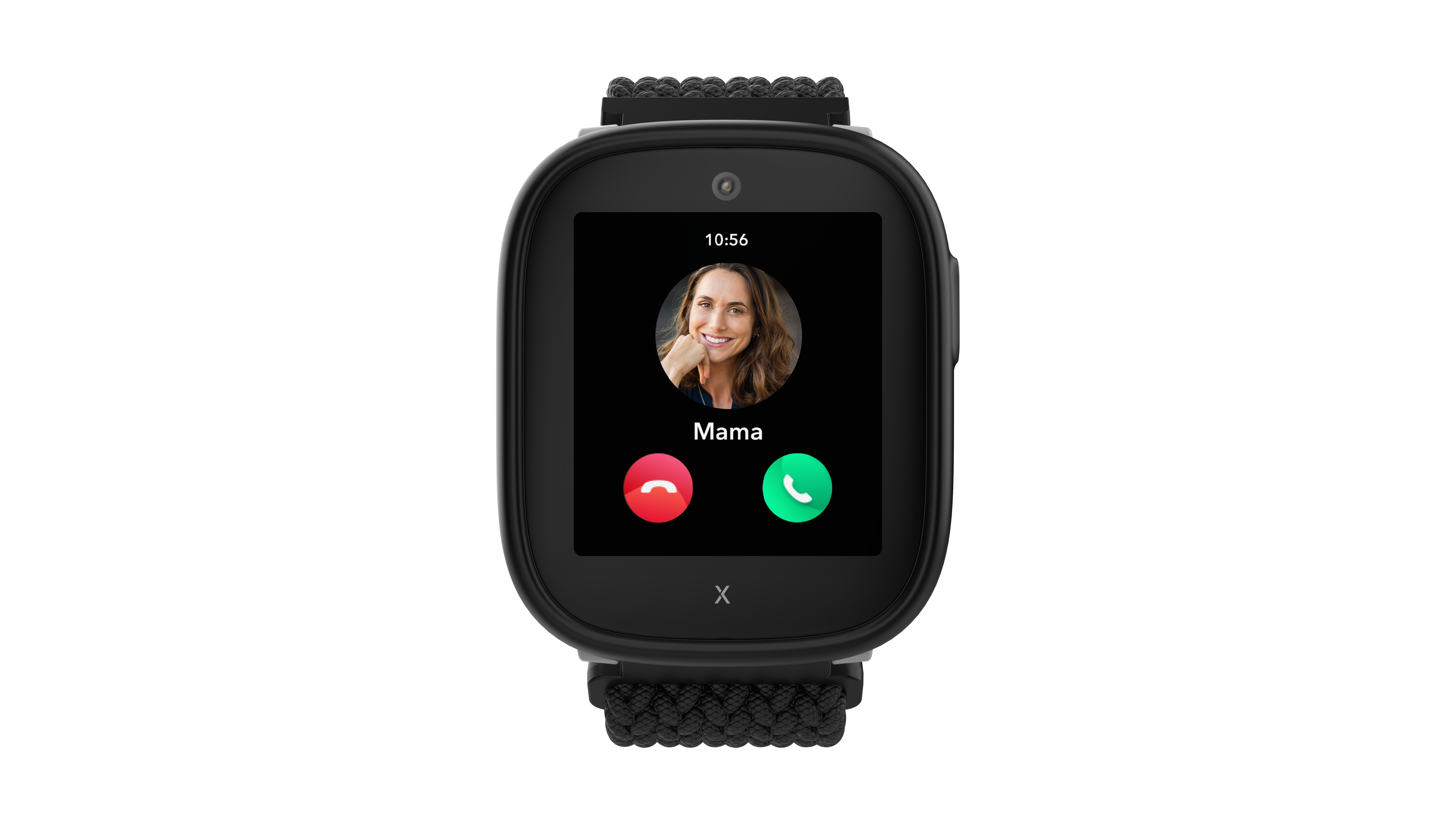 Smartwatch zeigt einen Anruf von „Mama“. Der Bildschirm zeigt das Gesicht einer Frau und Anruftasten: rot für Ablehnen, grün für Annehmen.