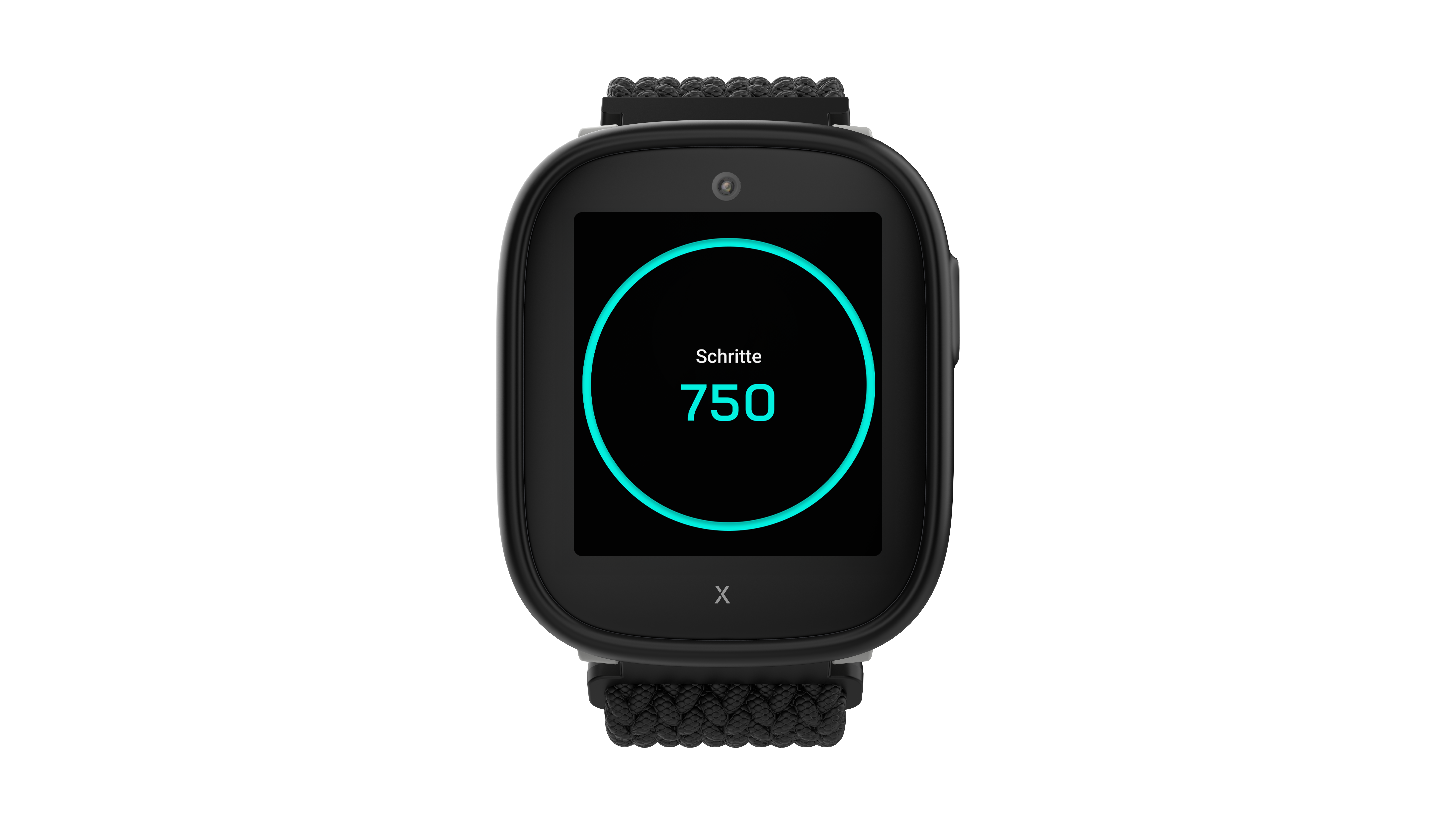Eine schwarze Smartwatch zeigt 'Schritte 750' auf einem Bildschirm mit einem cyanfarbenen, kreisförmigen Fortschrittsbalken.