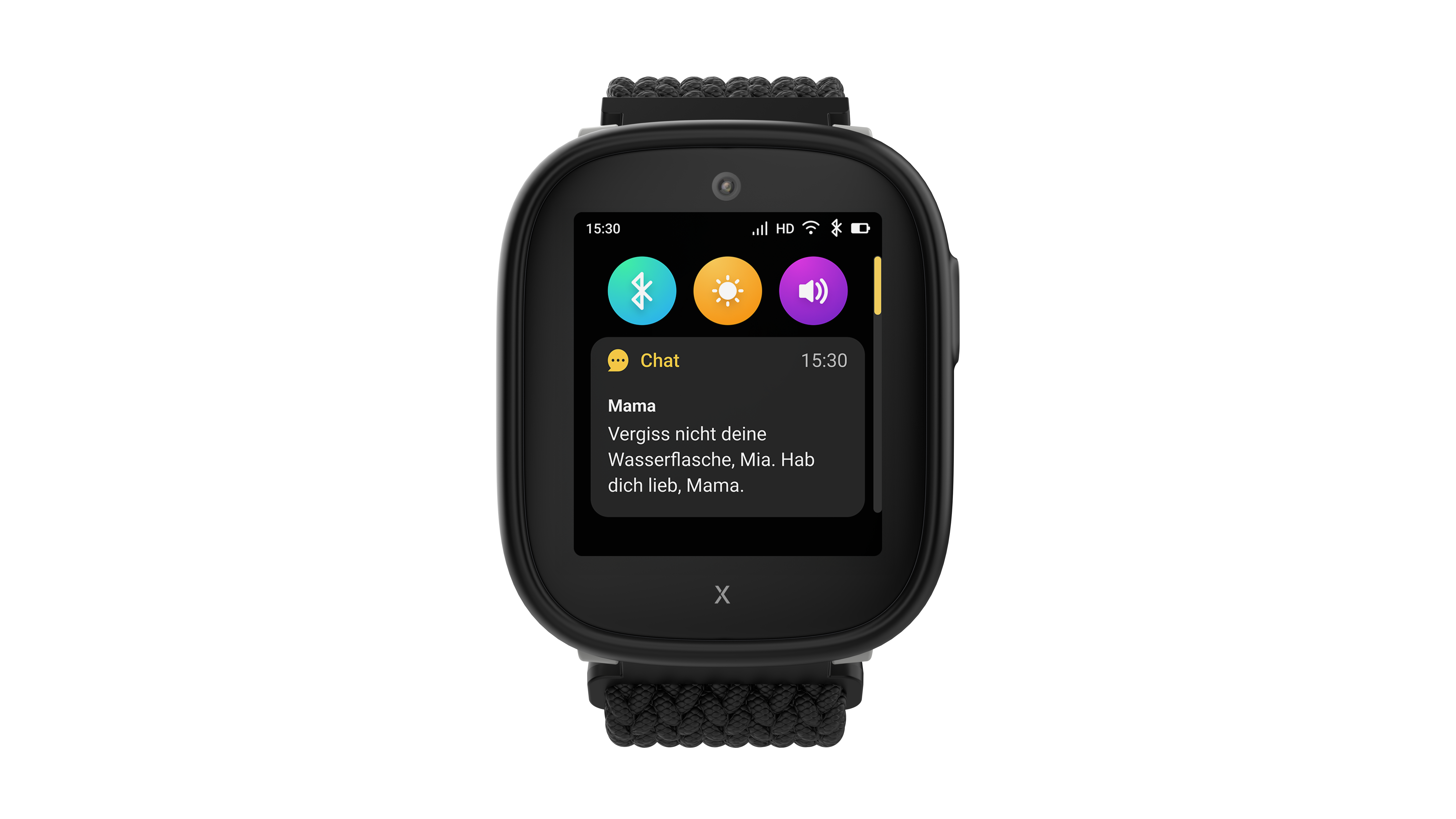 Schwarze Smartwatch zeigt eine Nachricht: "Mama, Vergiss nicht deine Wasserflasche... Hab dich lieb, Mama."