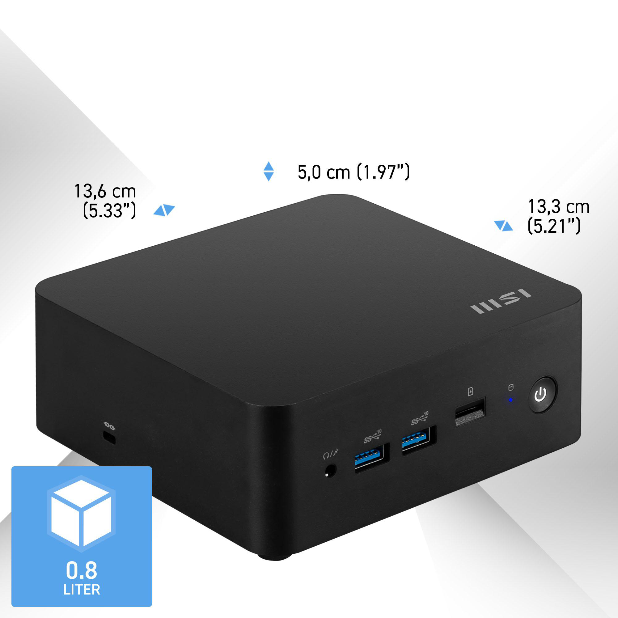 Ein schwarzer Mini-PC mit Maßangaben. Er hat Anschlüsse und einen Ein-/Ausschalter. Ein blaues Symbol zeigt das Volumen an.
