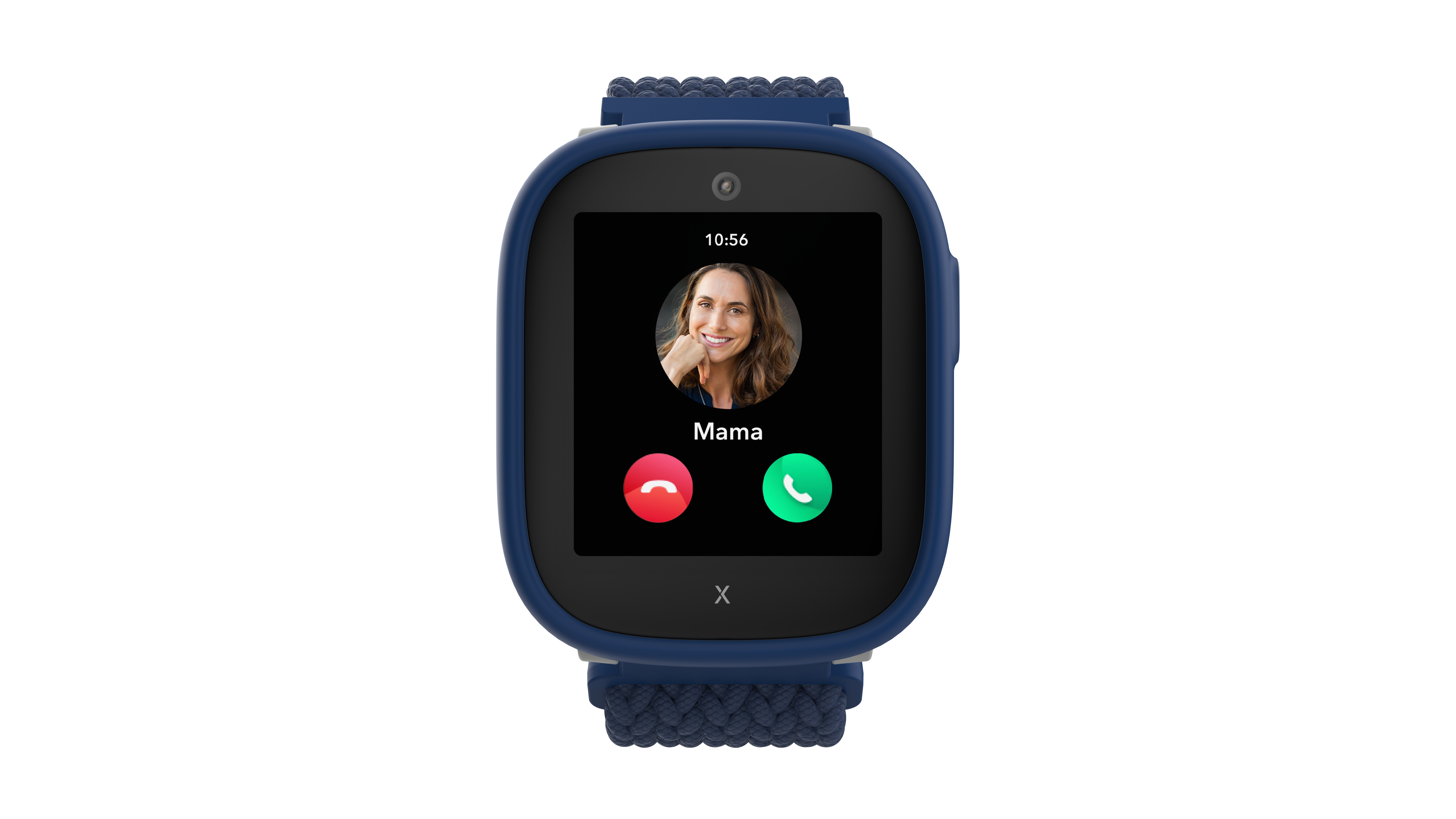 Eine Smartwatch zeigt einen Videoanruf von „Mama“. Der Bildschirm zeigt eine lächelnde Frau. Rote/grüne Knöpfe unten, mit der Zeit.