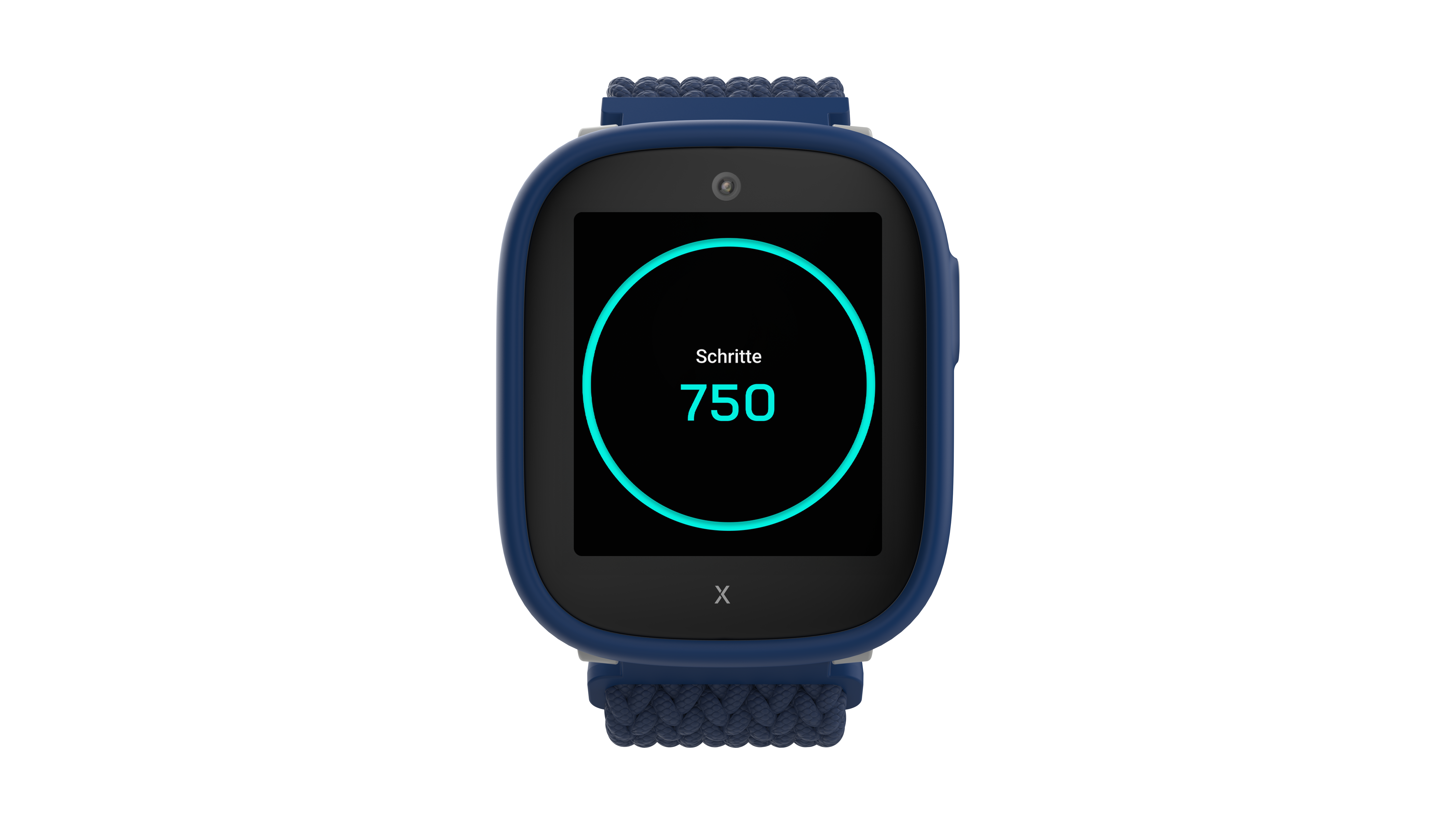 Eine blaue Smartwatch zeigt 750 Schritte auf einem schwarzen Bildschirm an. Die Uhr hat ein blaues Band und dunklen Hintergrund.