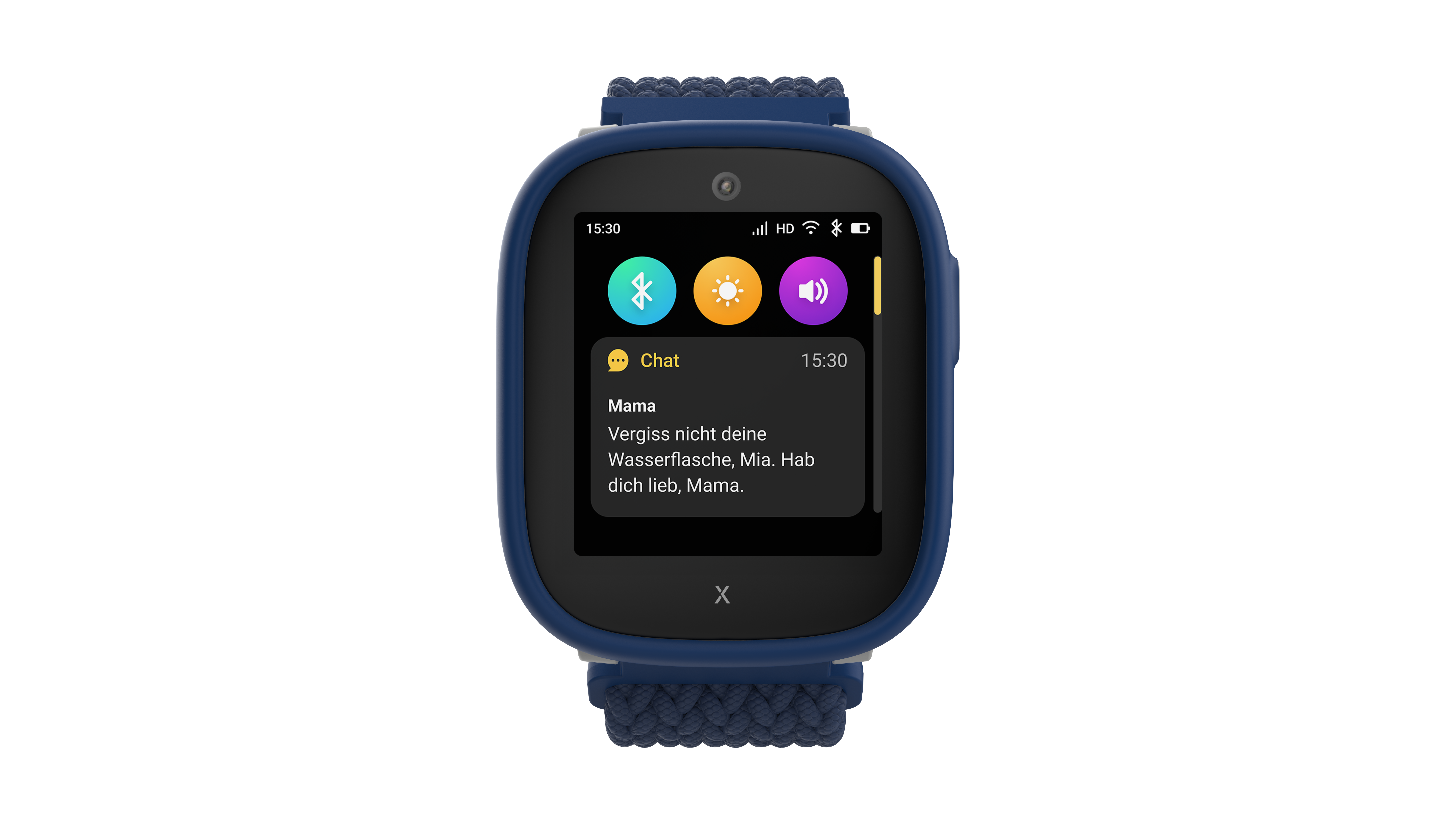 Eine blaue Smartwatch zeigt eine Nachricht von 'Mama'. Der Bildschirm zeigt einen Chat mit einer Erinnerung an eine Wasserflasche.