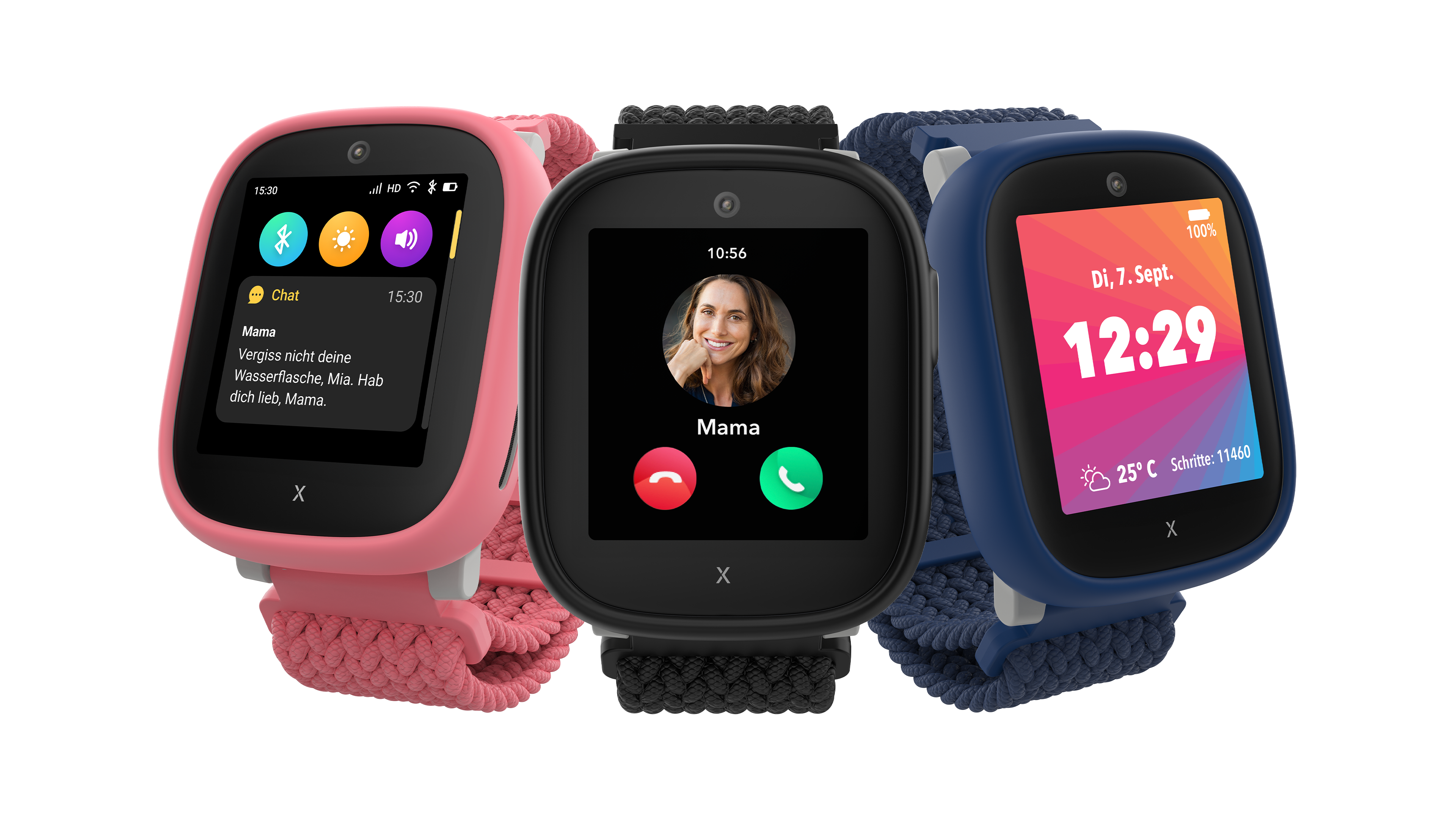 Drei Smartwatches: rosa mit Nachricht, schwarz mit Anruf und blau mit Zeit und Schritten. Alle haben farbige Bildschirme.