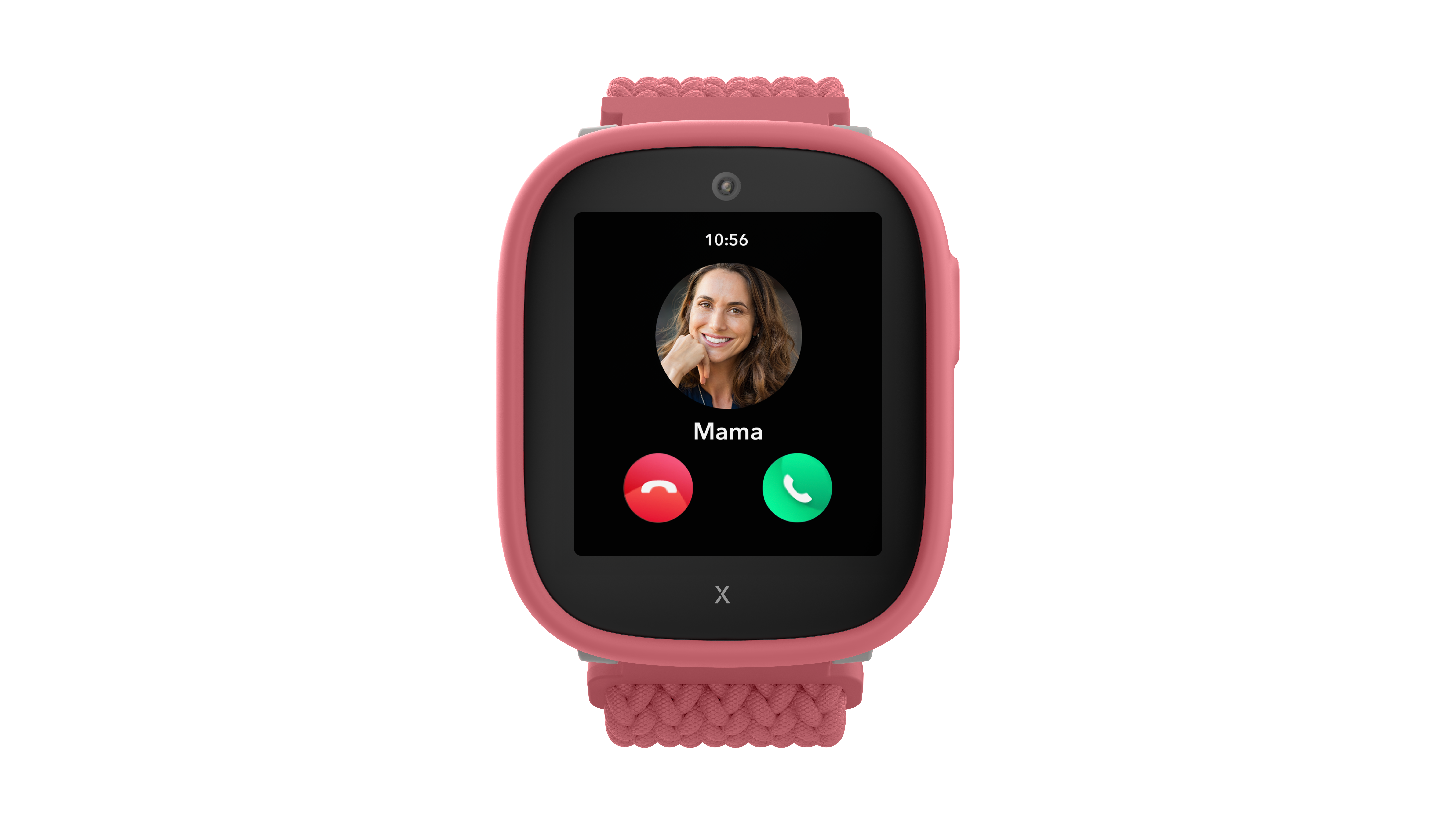 Eine pinkfarbene Smartwatch zeigt einen Videoanruf von "Mama". Der Bildschirm zeigt das Gesicht einer Frau und Anruftasten. Es ist 10:56.