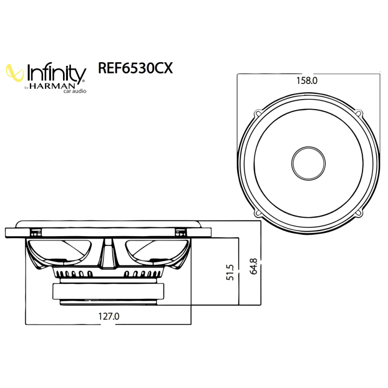 Egy autóhifi hangszóró diagramja, amely a méreteket és az Infinity by Harman logót mutatja. Kerek formájú.