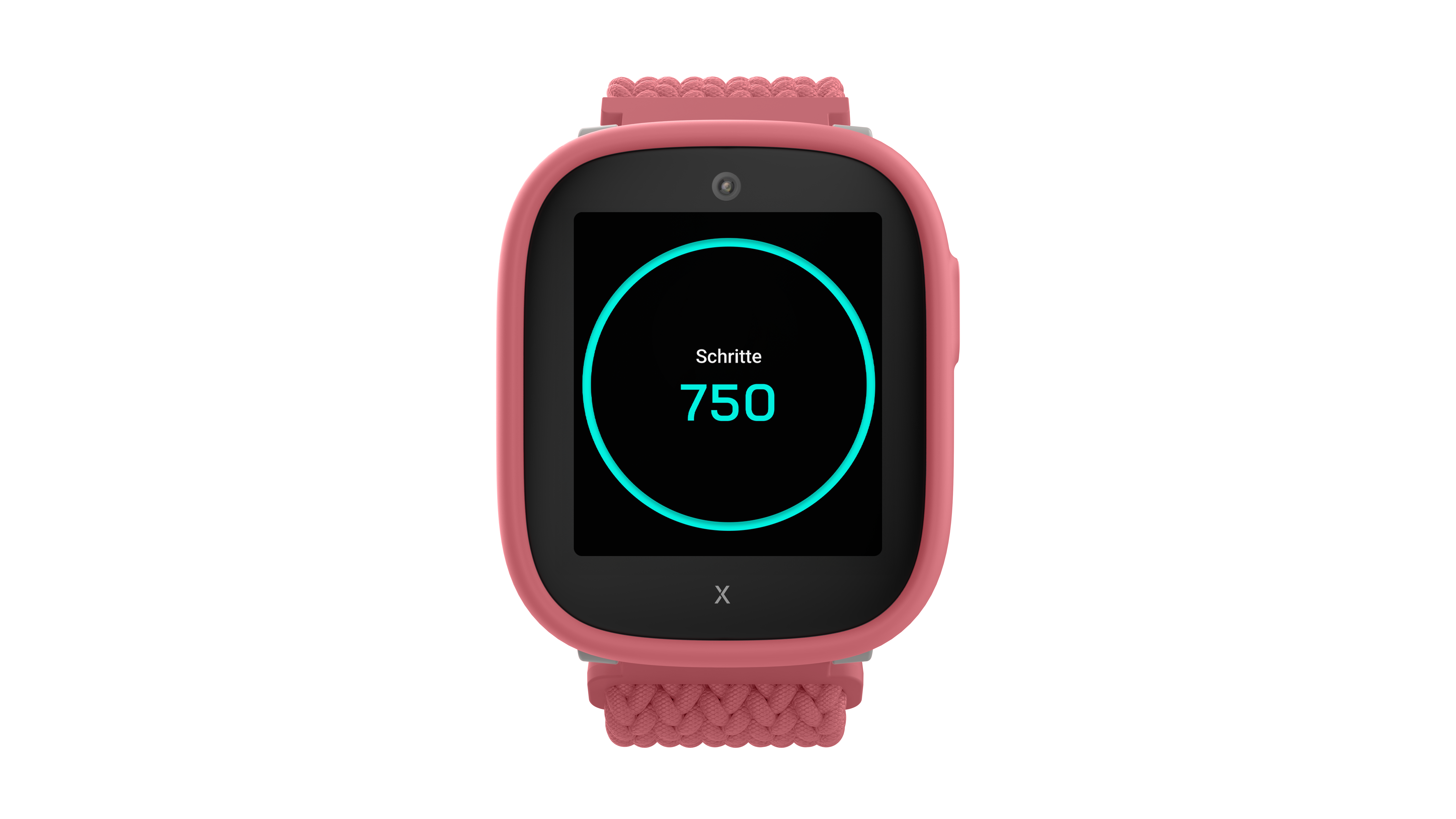 Eine pinkfarbene Smartwatch zeigt 750 Schritte an. Die Uhr hat einen schwarzen Bildschirm mit einem türkisfarbenen Fortschrittskreis und dem Wort Schritte.