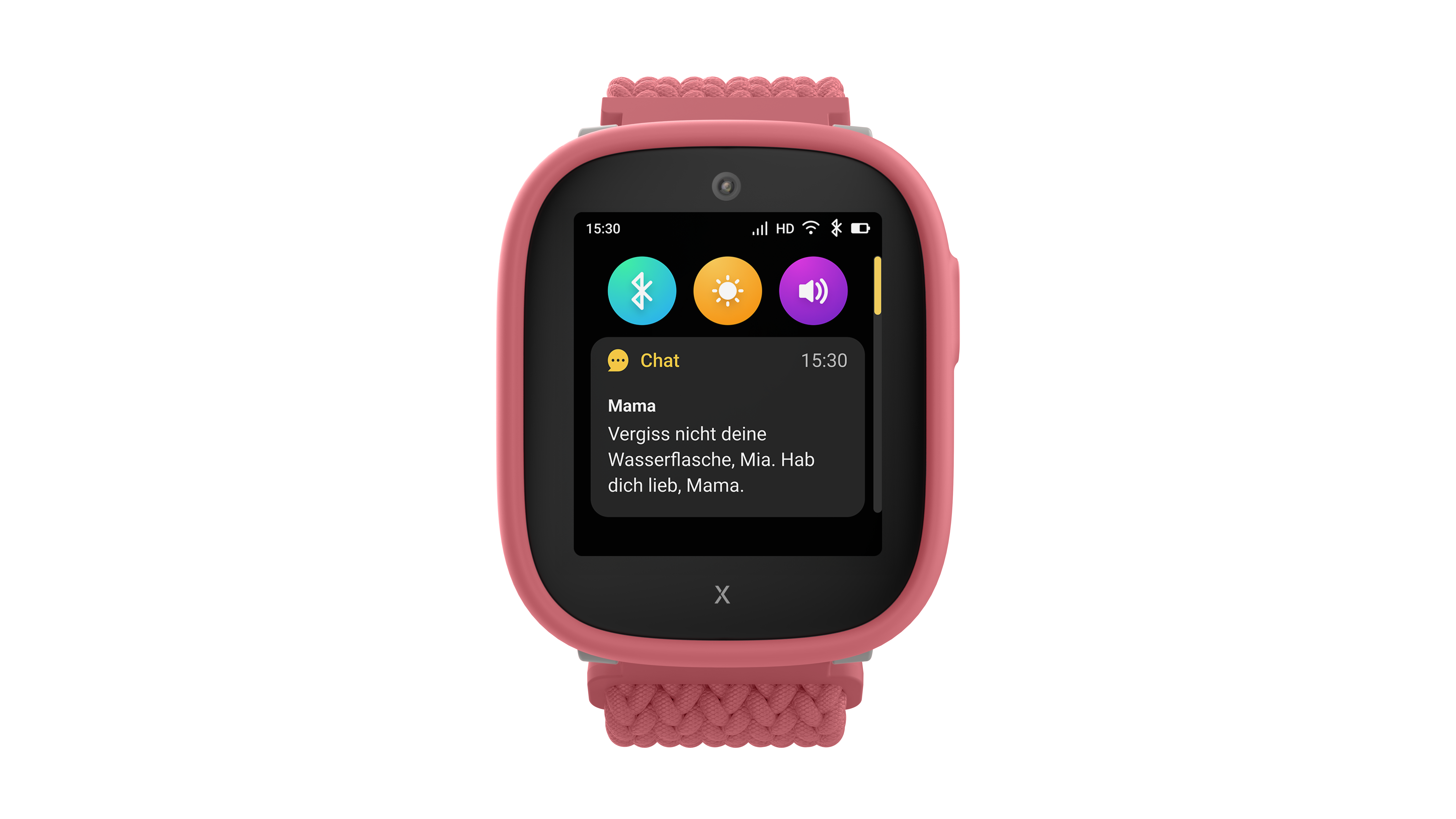 Eine rosa Smartwatch zeigt eine Nachricht von 'Mama' auf einem schwarzen Bildschirm an. Die Nachricht bittet, eine Wasserflasche nicht zu vergessen.