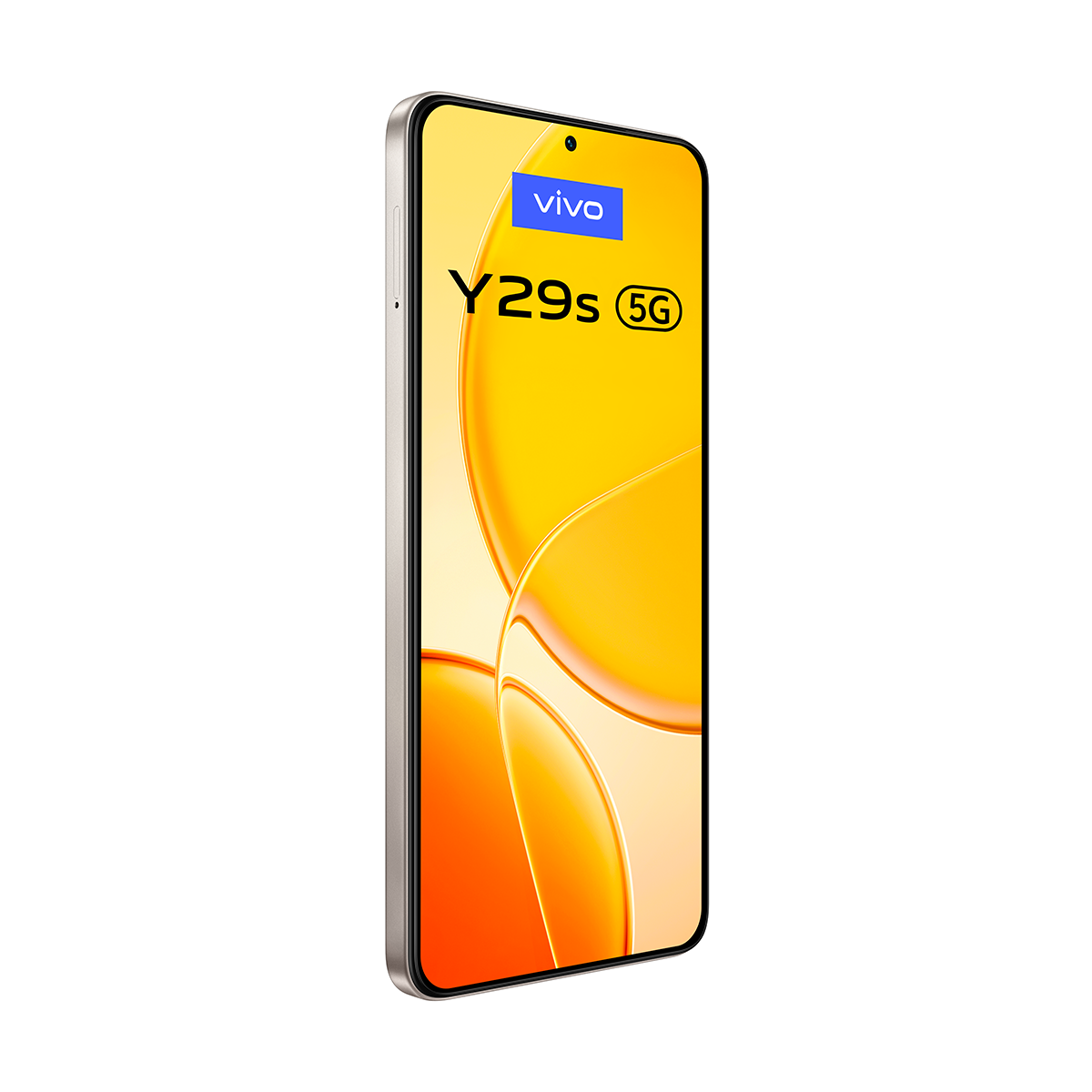 Gümüş çerçeveli, altın sarısı ekranlı, vivo logolu ve yazılı Vivo Y29s 5G akıllı telefon. Telefon hafif açılı.